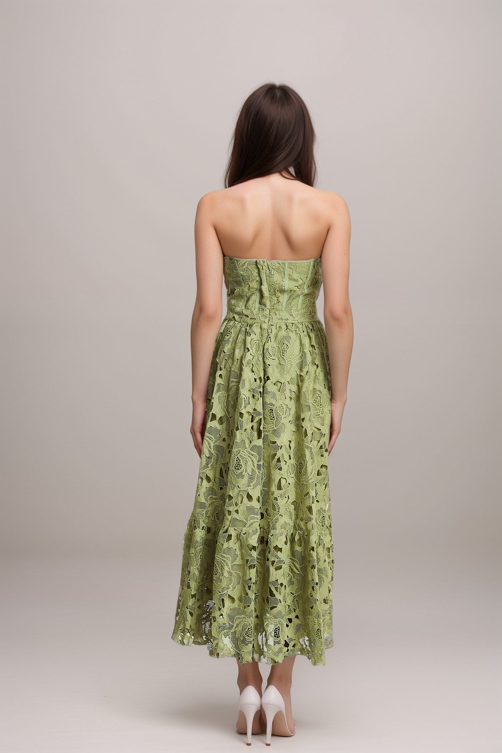 INÈS LACE MIDI DRESS, FLORAL EMBROIDERED CUT-OUT