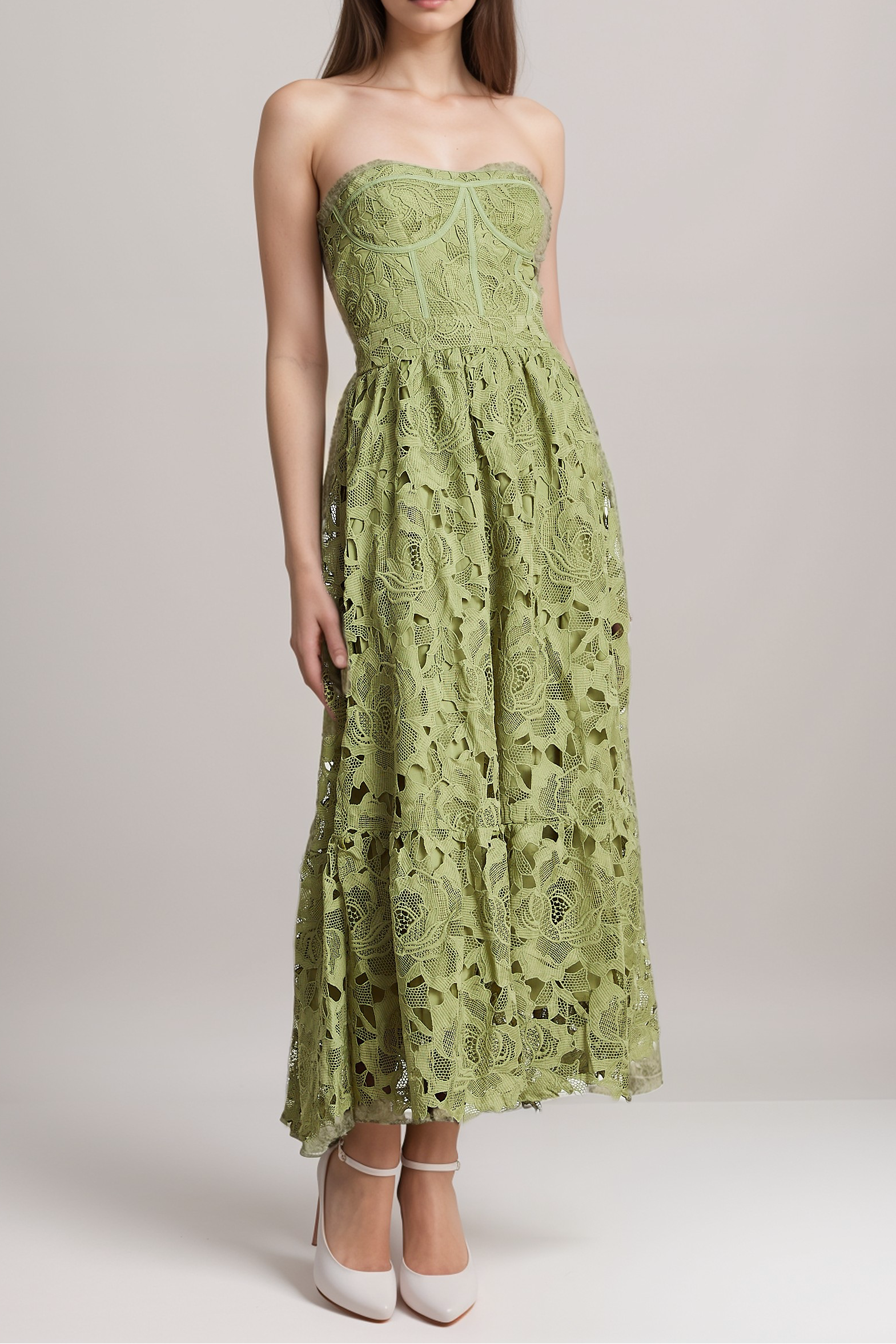 INÈS LACE MIDI DRESS, FLORAL EMBROIDERED CUT-OUT