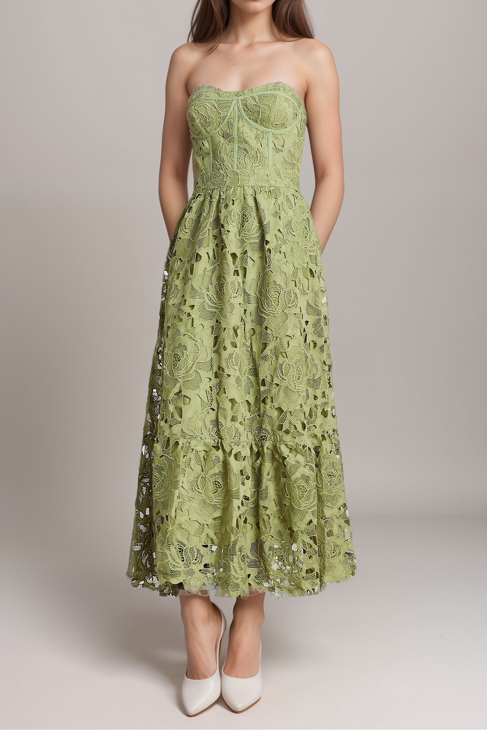 INÈS LACE MIDI DRESS, FLORAL EMBROIDERED CUT-OUT