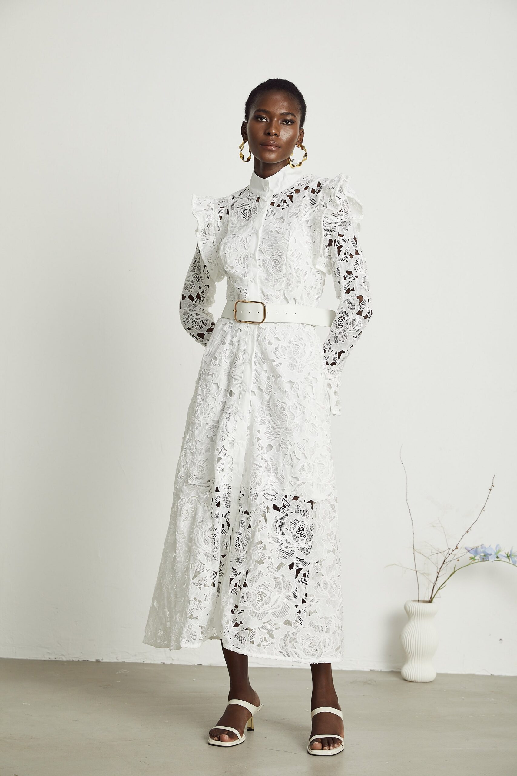 NOEMIE LACE MIDI DRESS WHITE EMBROIDERED WEDDING