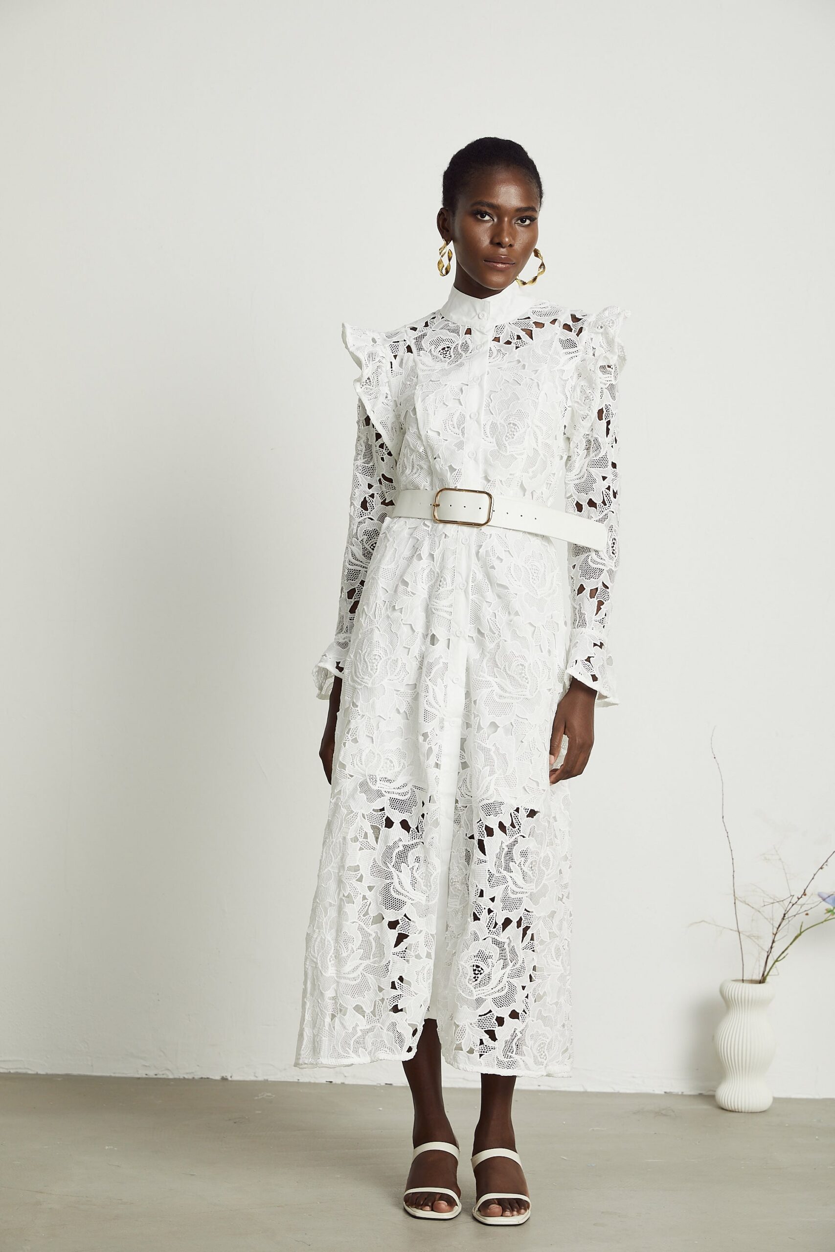 NOEMIE LACE MIDI DRESS WHITE EMBROIDERED WEDDING