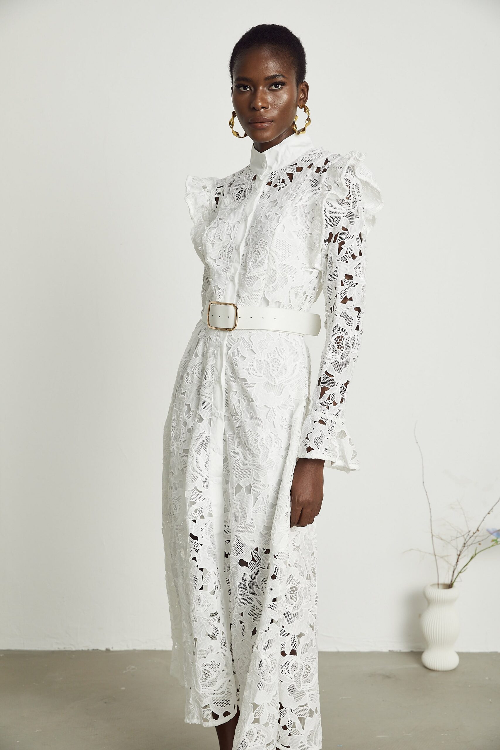 NOEMIE LACE MIDI DRESS WHITE EMBROIDERED WEDDING