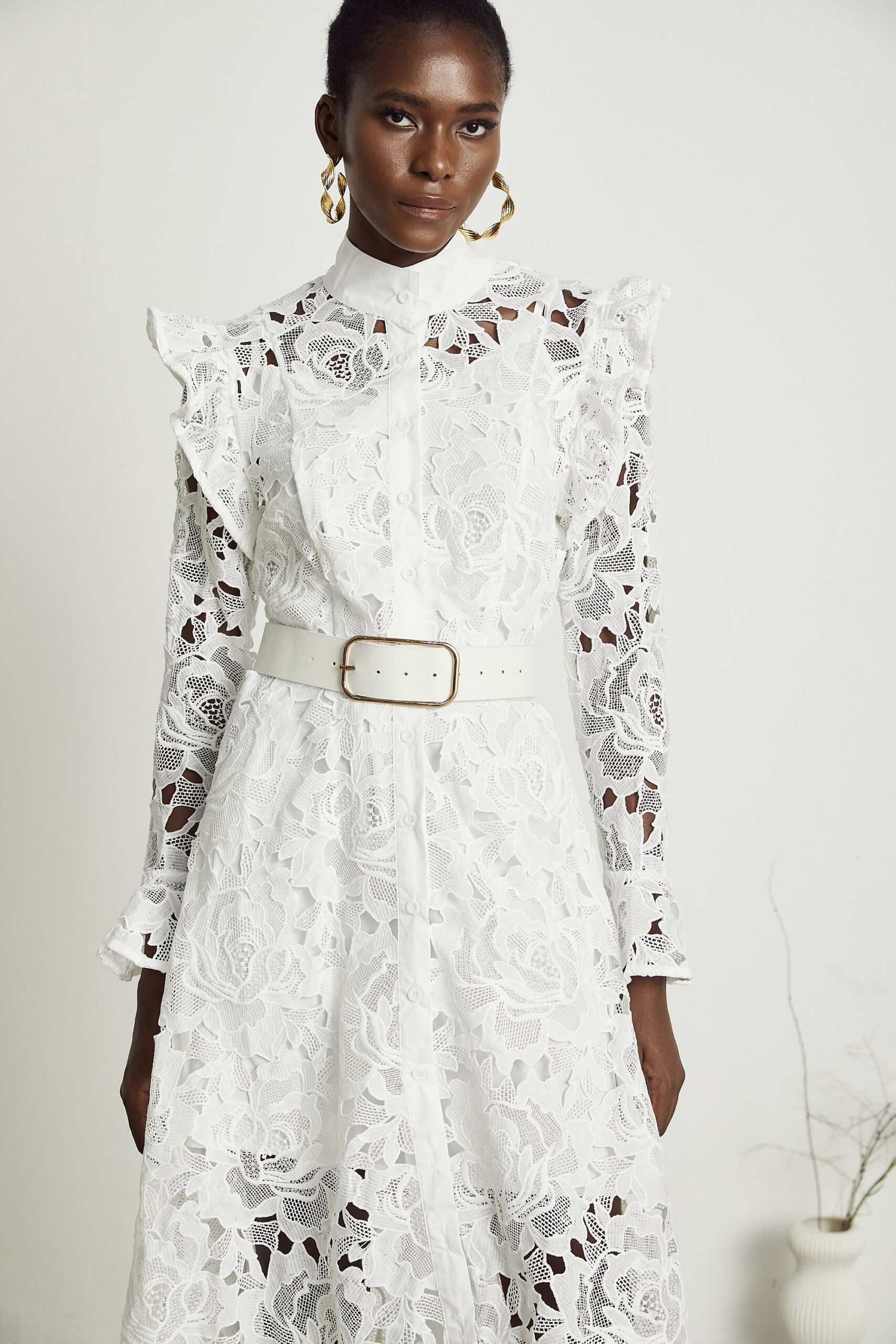 NOEMIE LACE MIDI DRESS WHITE EMBROIDERED WEDDING