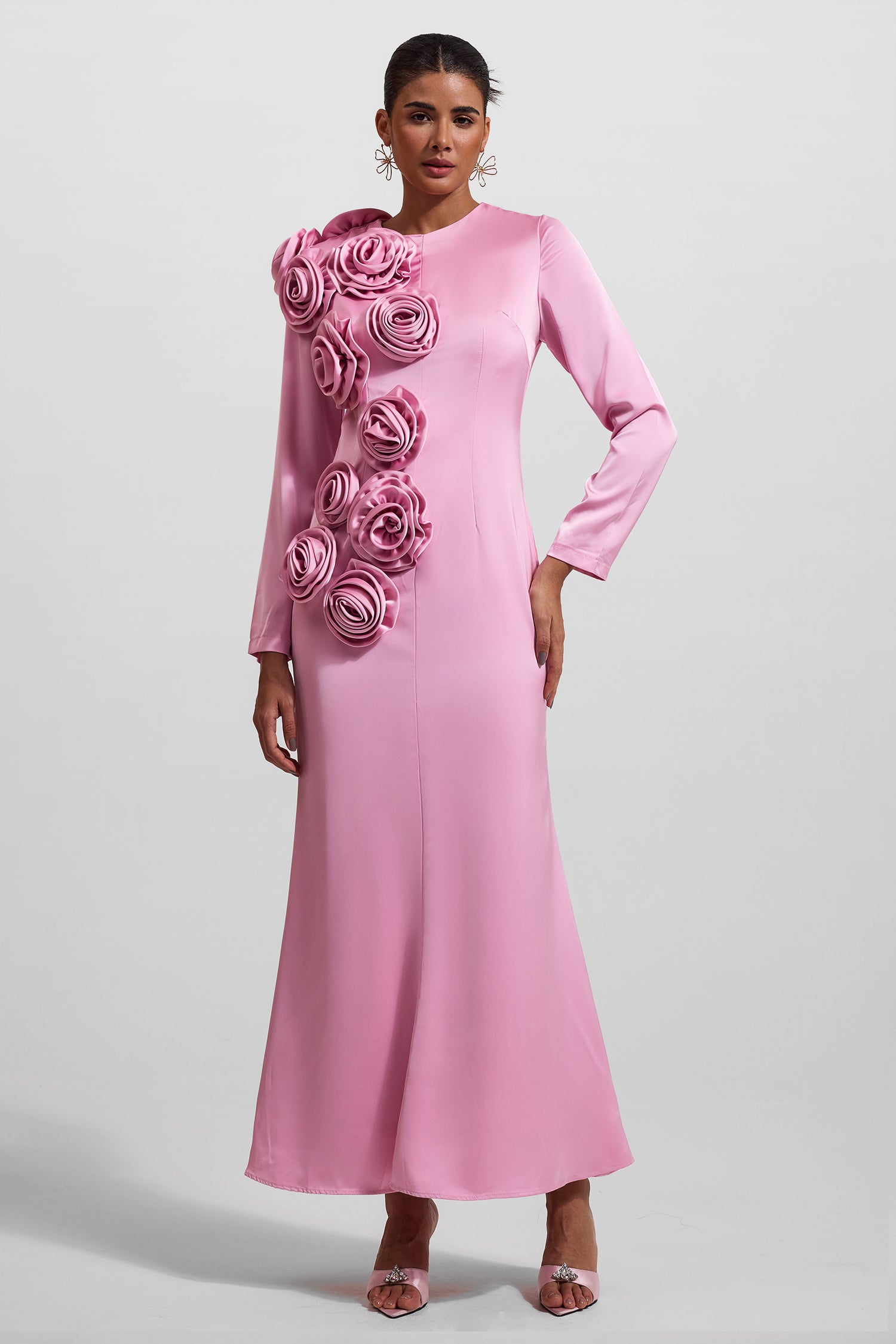 3D FLORAL SATIN MIDI DRESS FOR WEDDING GUEST