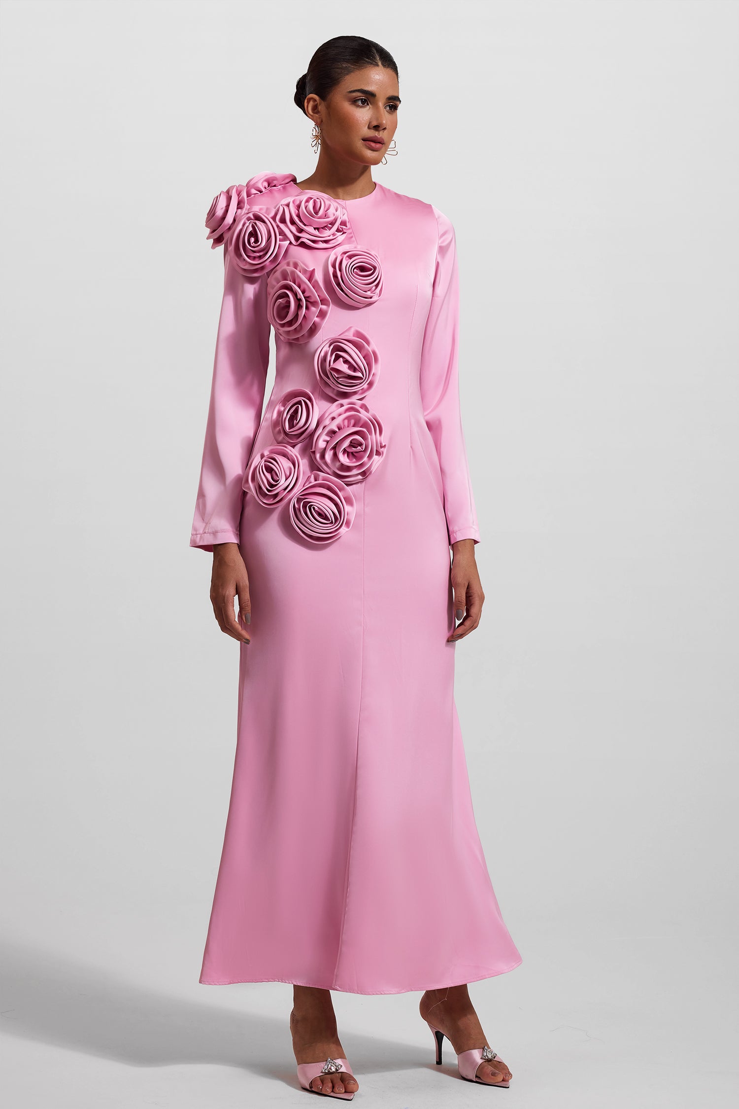 3D FLORAL SATIN MIDI DRESS FOR WEDDING GUEST