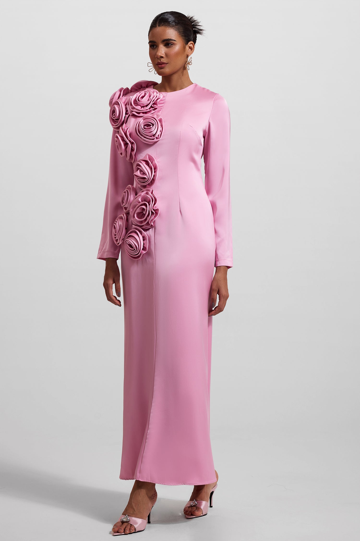 3D FLORAL SATIN MIDI DRESS FOR WEDDING GUEST