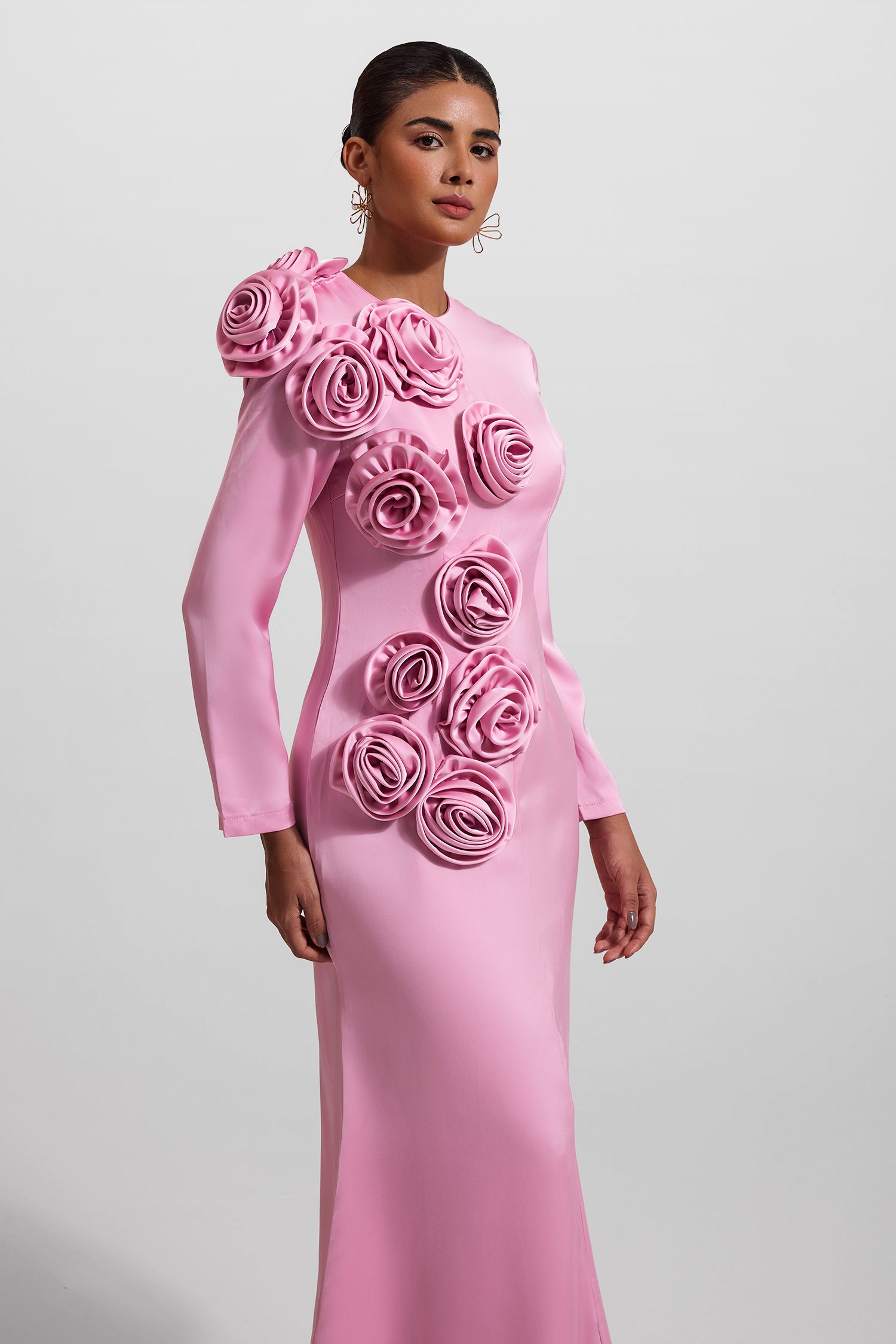 3D FLORAL SATIN MIDI DRESS FOR WEDDING GUEST