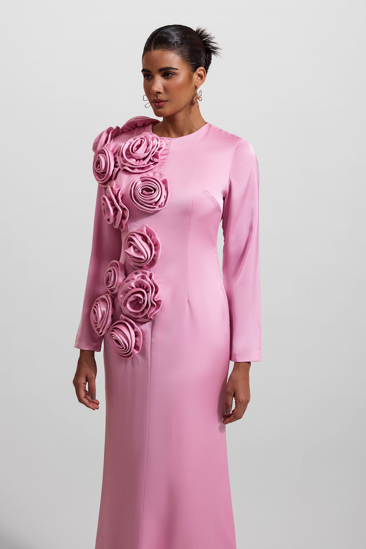 3D FLORAL SATIN MIDI DRESS FOR WEDDING GUEST
