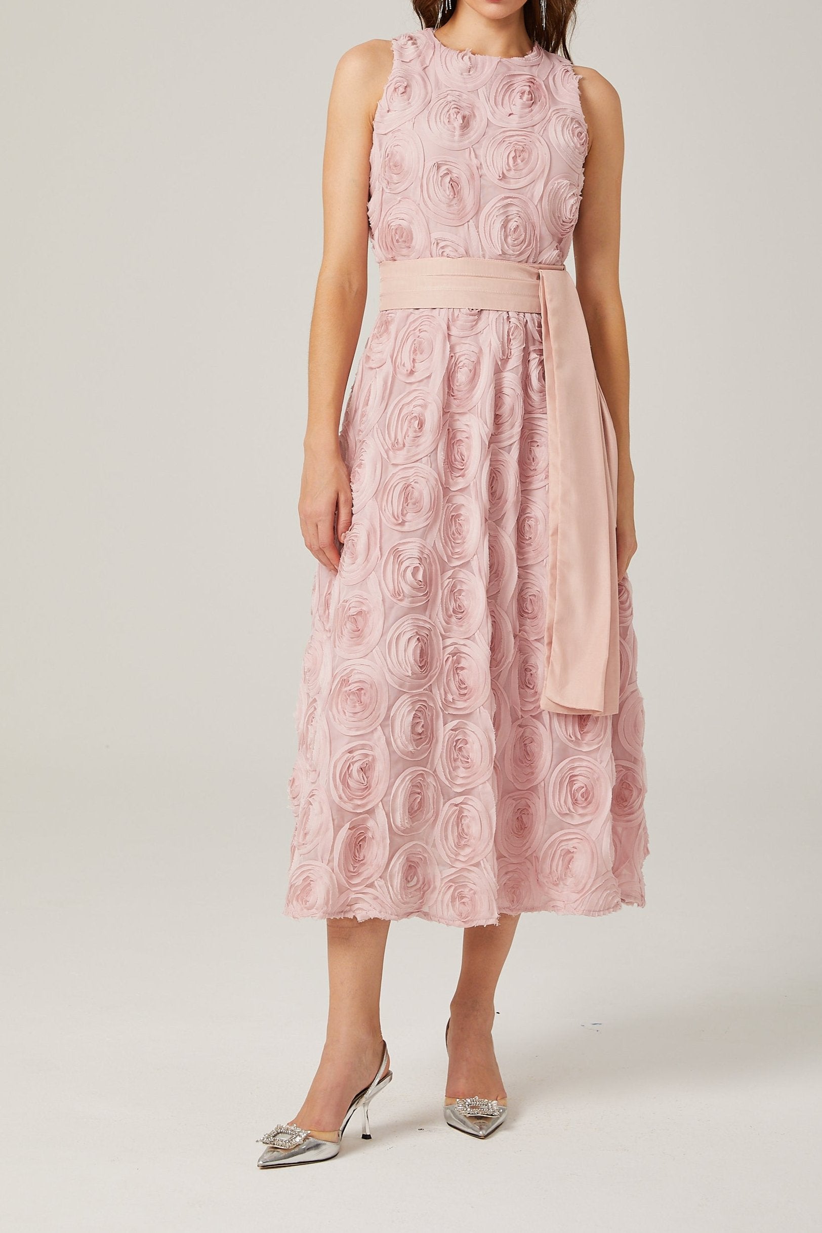 PAULETTE PINK FLORAL MIDI DRESS WITH TIE WAIST
