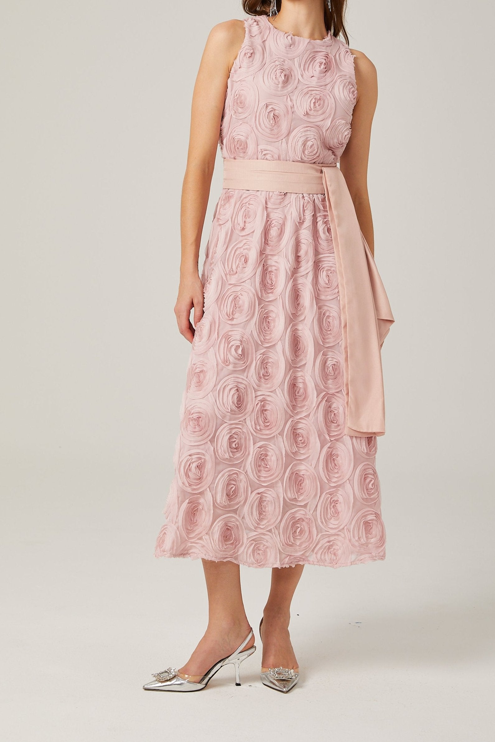 PAULETTE PINK FLORAL MIDI DRESS WITH TIE WAIST