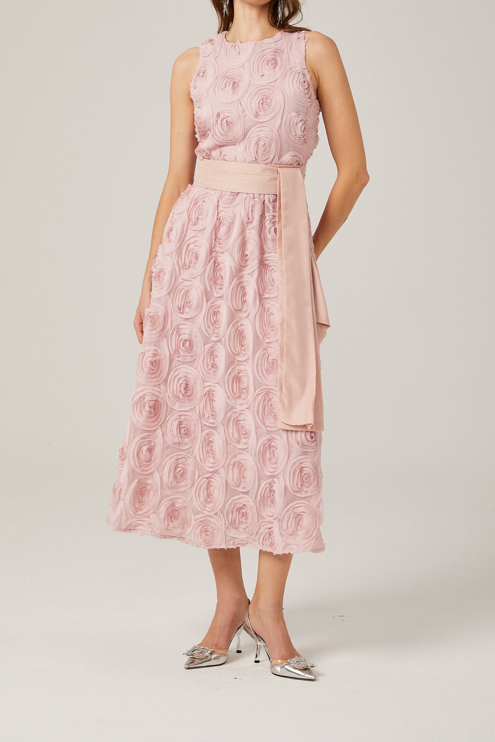 PAULETTE PINK FLORAL MIDI DRESS WITH TIE WAIST
