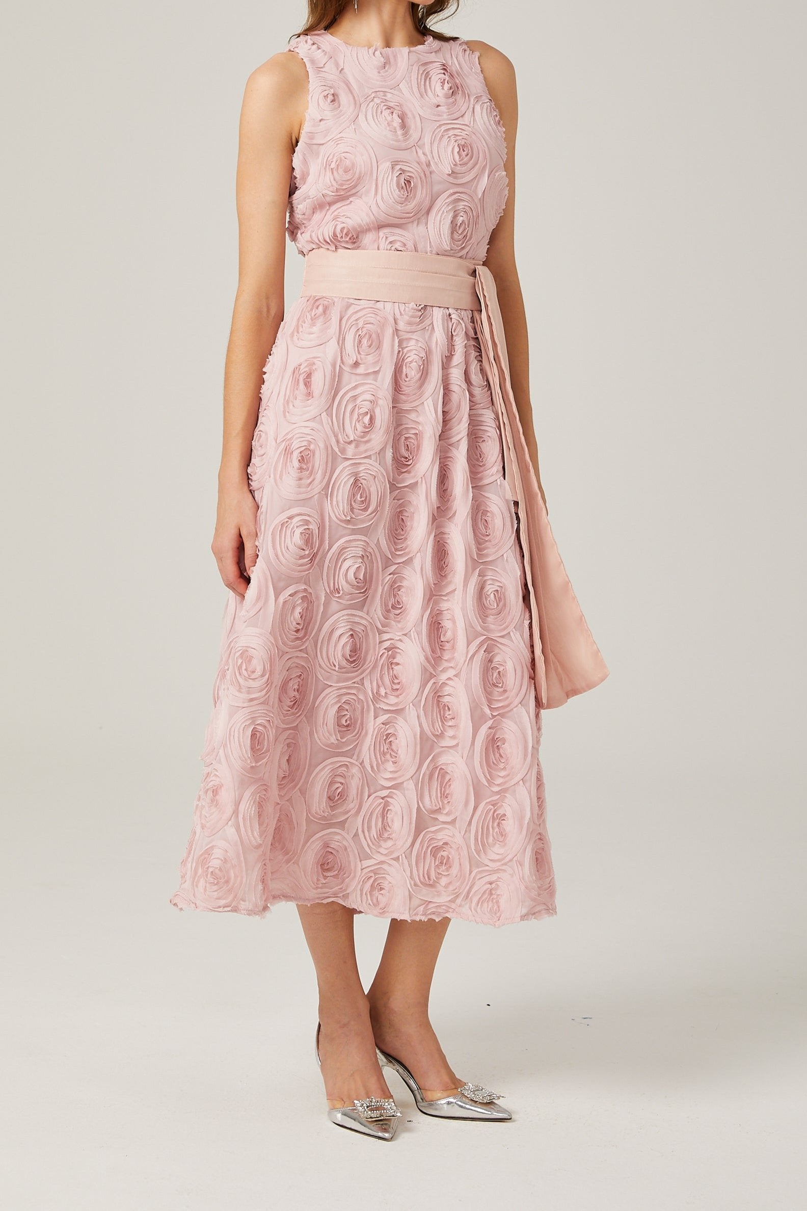 PAULETTE PINK FLORAL MIDI DRESS WITH TIE WAIST
