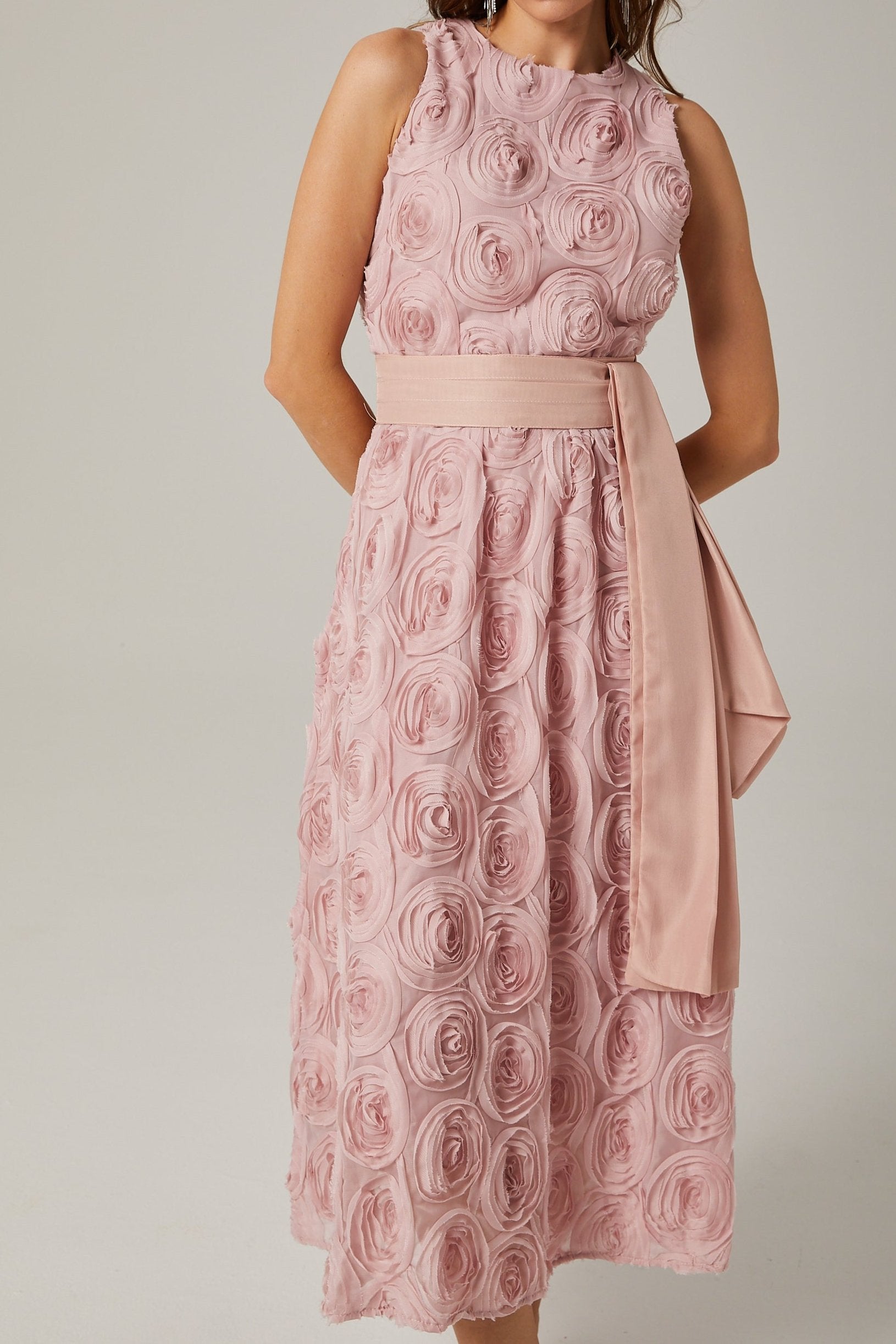 PAULETTE PINK FLORAL MIDI DRESS WITH TIE WAIST