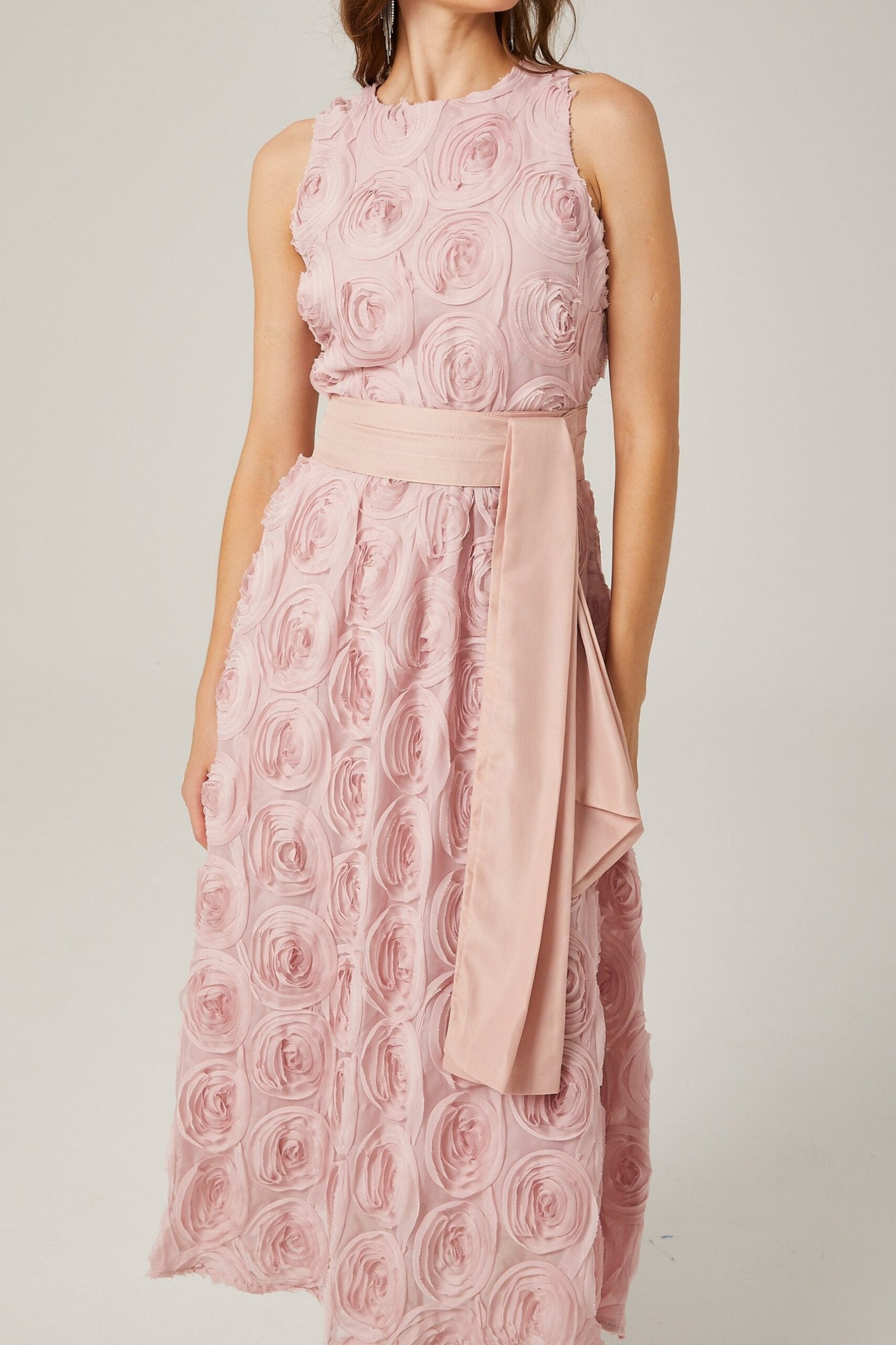 PAULETTE PINK FLORAL MIDI DRESS WITH TIE WAIST