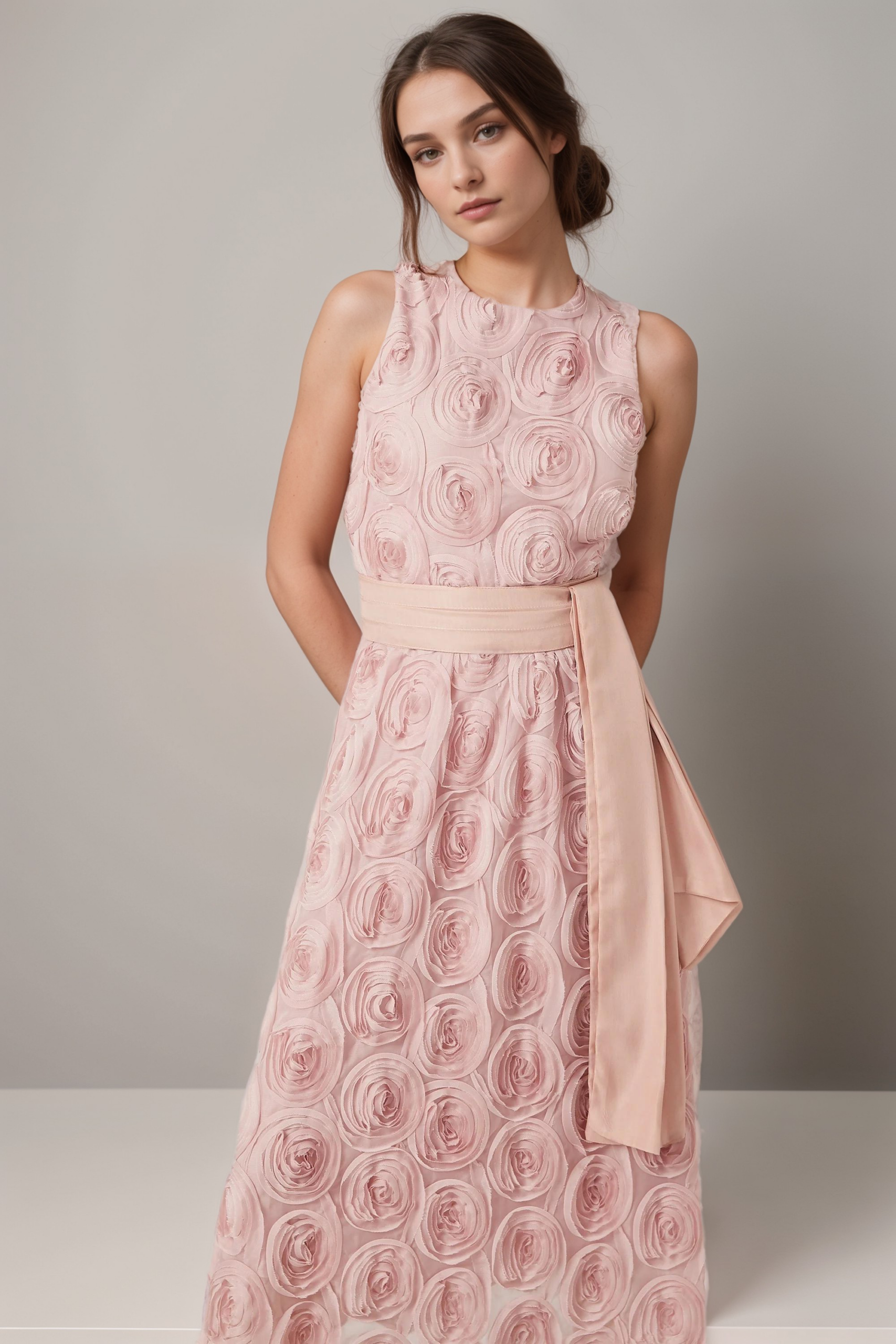 PAULETTE PINK FLORAL MIDI DRESS WITH TIE WAIST