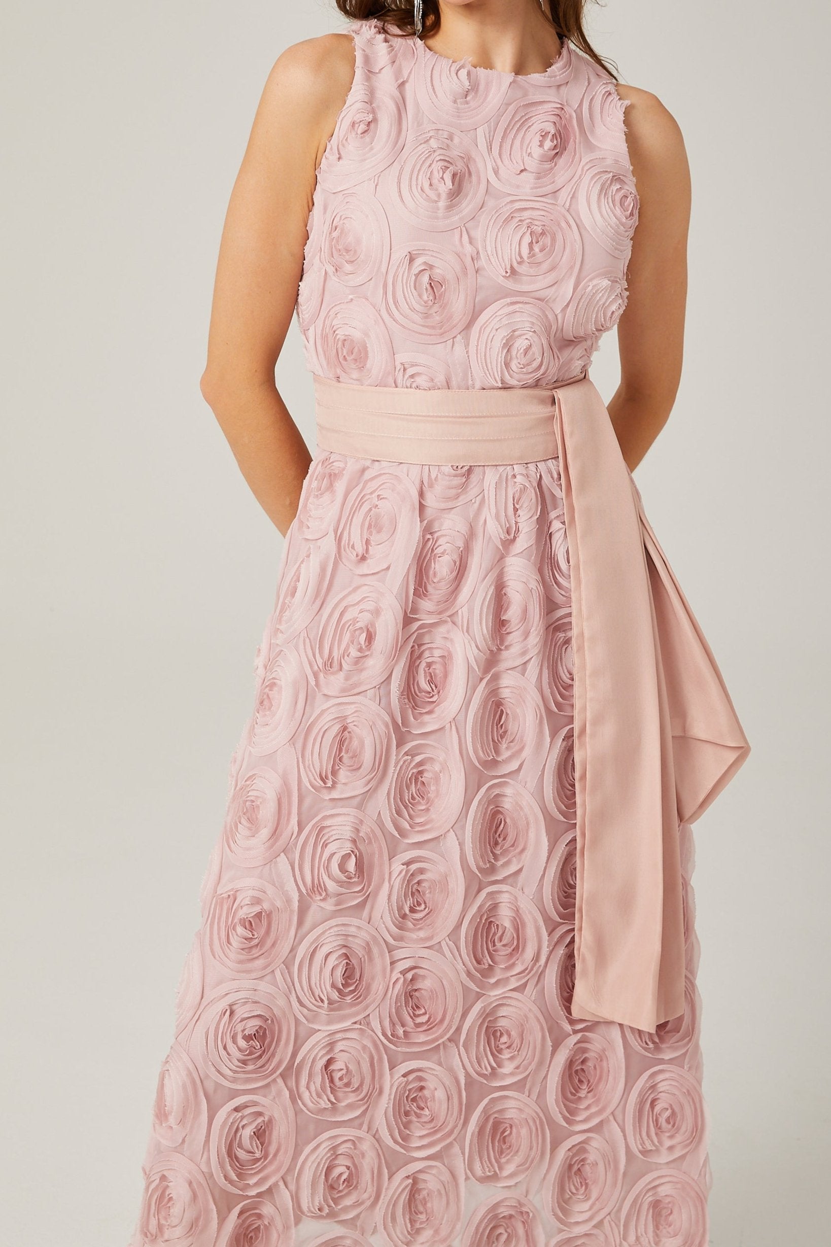 PAULETTE PINK FLORAL MIDI DRESS WITH TIE WAIST