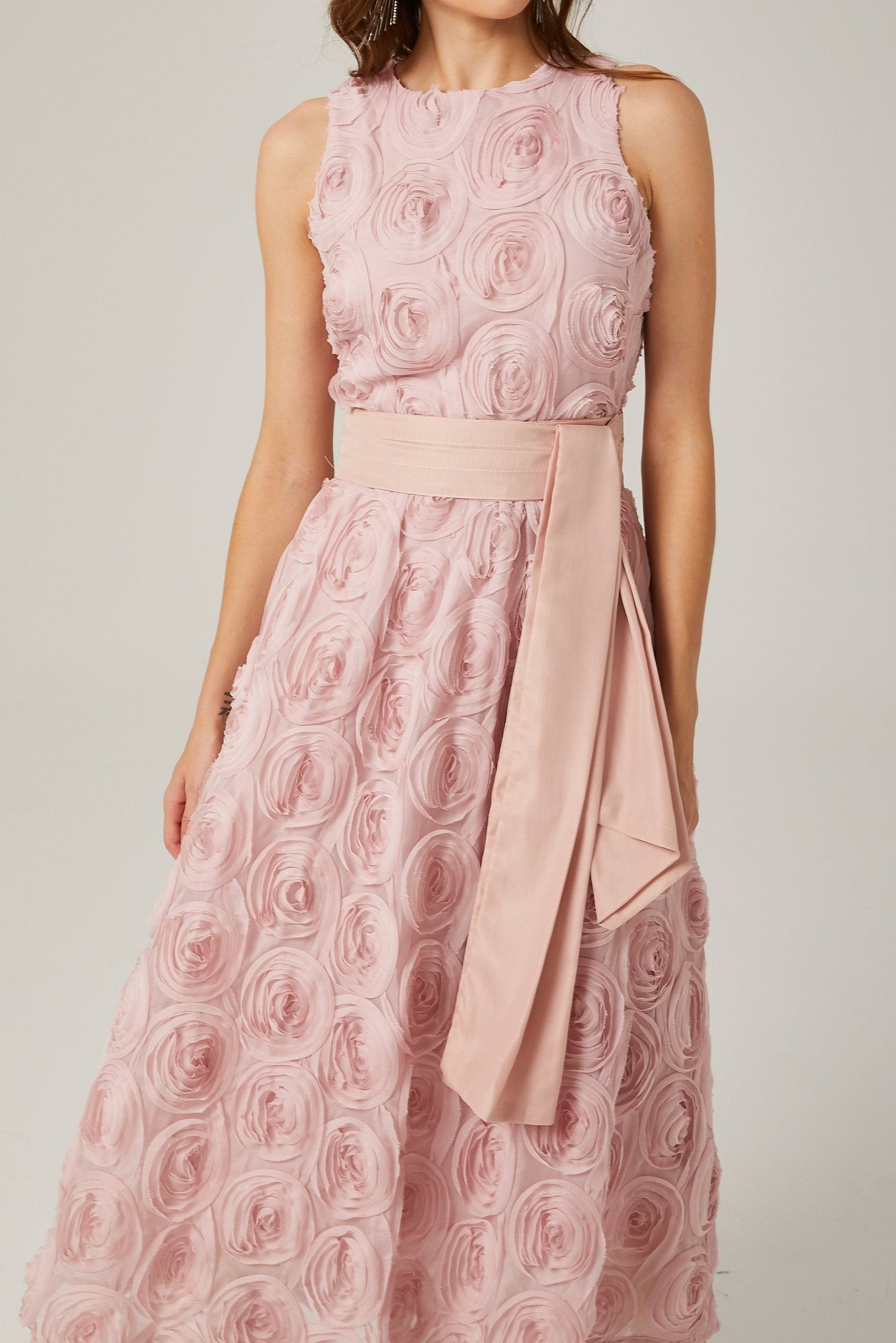 PAULETTE PINK FLORAL MIDI DRESS WITH TIE WAIST