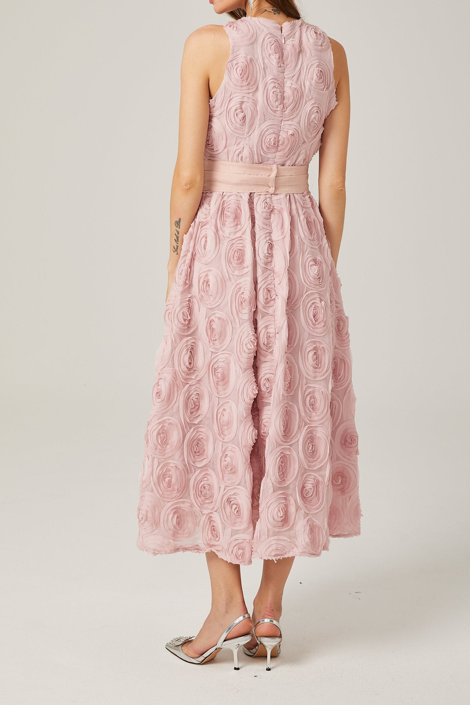 PAULETTE PINK FLORAL MIDI DRESS WITH TIE WAIST
