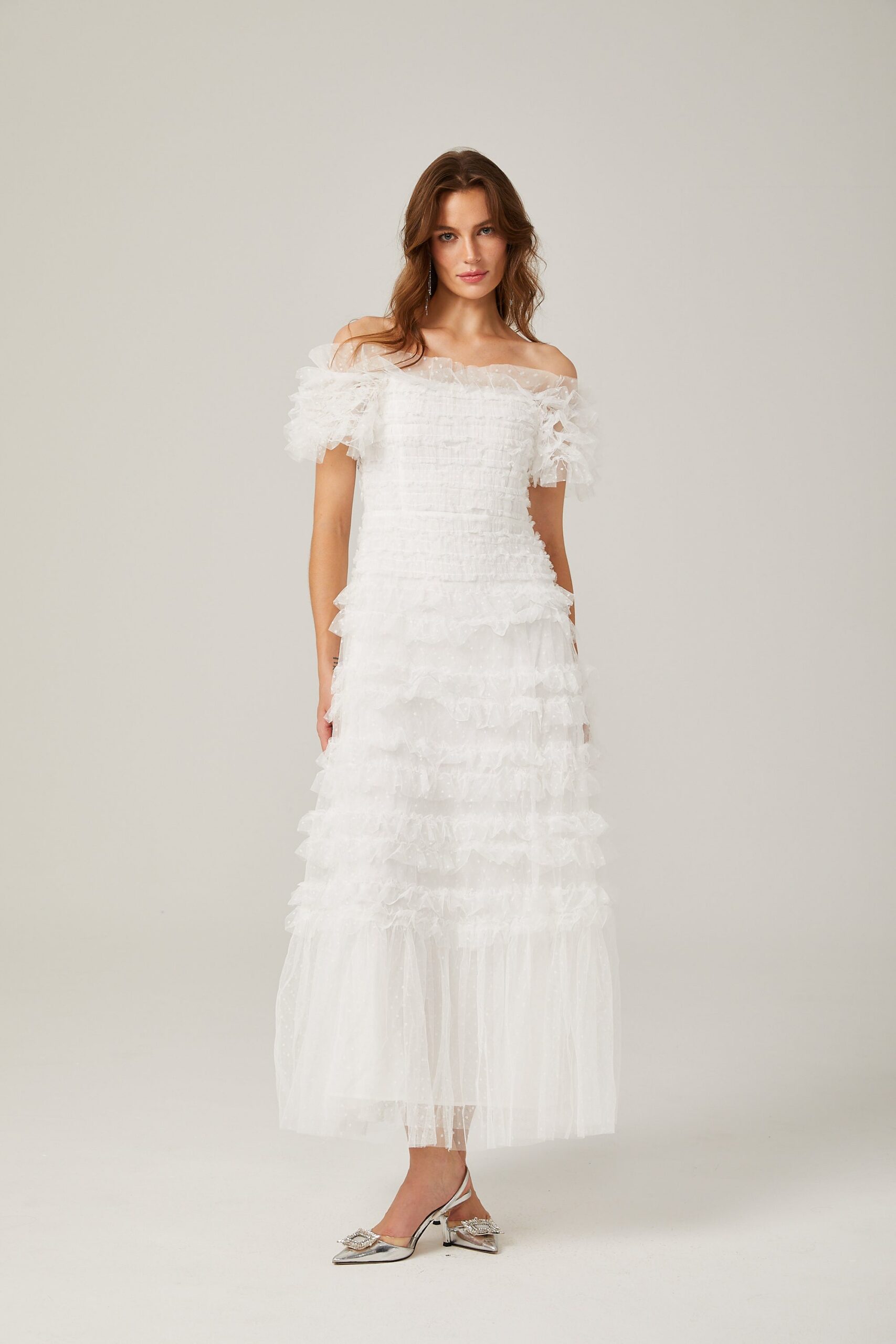 JOYCE RUFFLED TULLE TIERED STRAPLESS WHITE MIDI DRESS