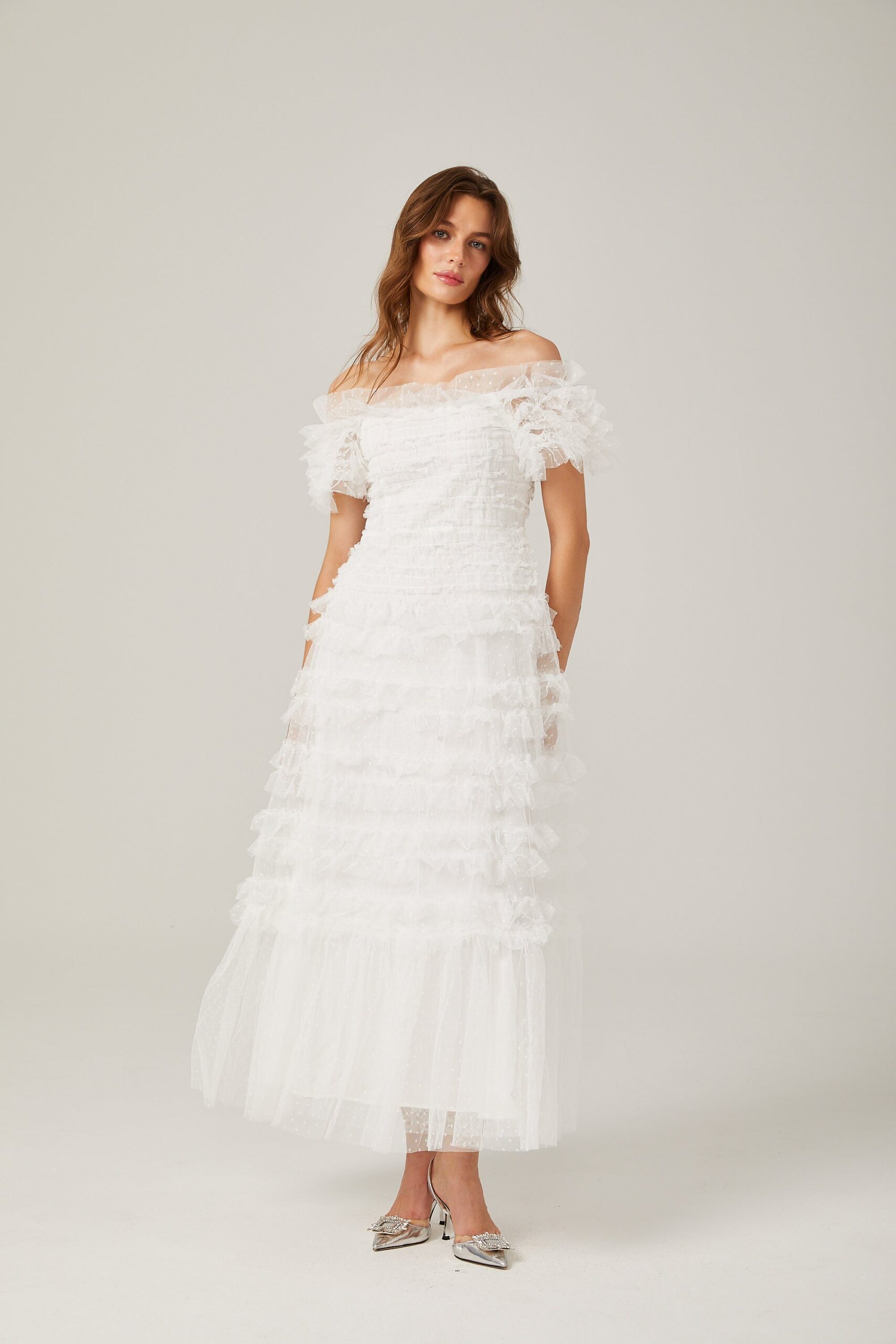 JOYCE RUFFLED TULLE TIERED STRAPLESS WHITE MIDI DRESS