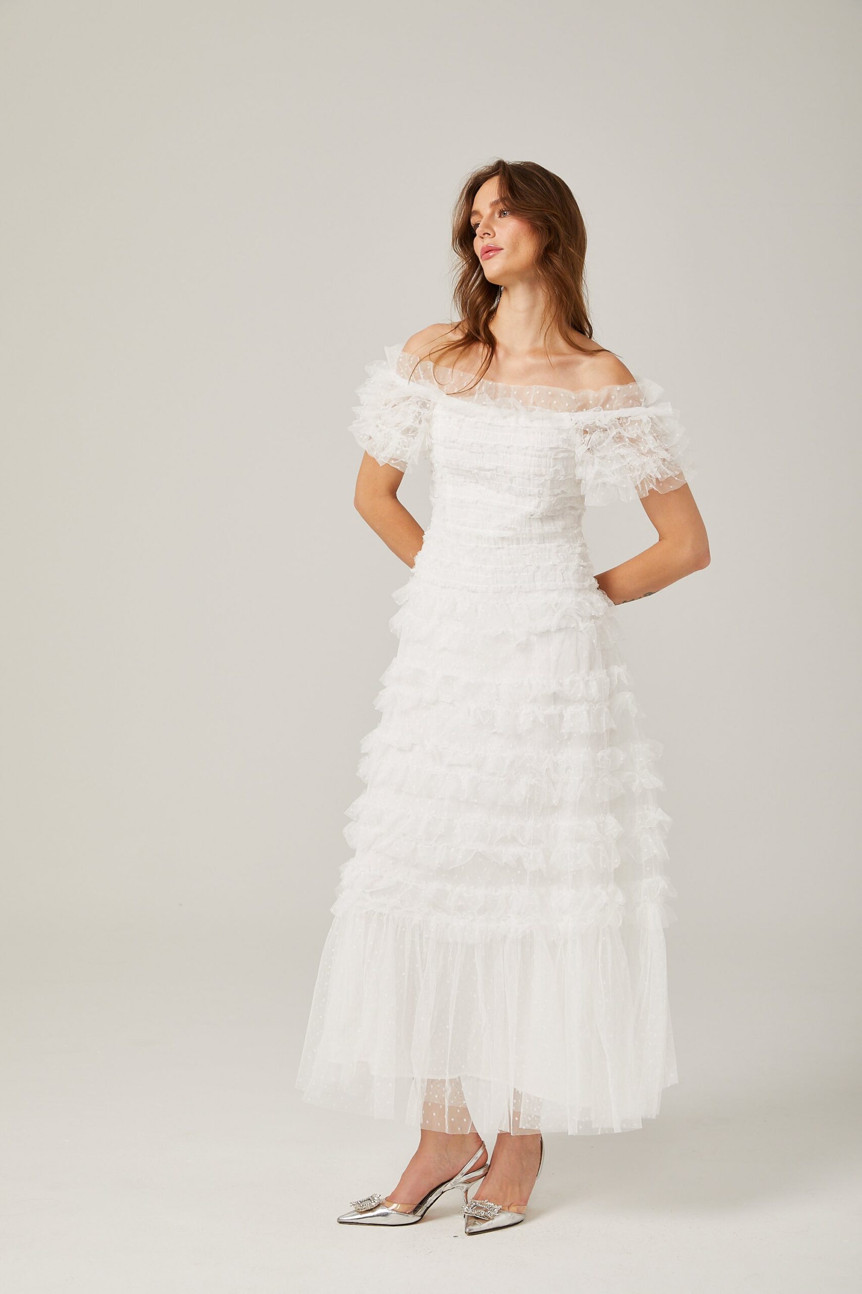 JOYCE RUFFLED TULLE TIERED STRAPLESS WHITE MIDI DRESS