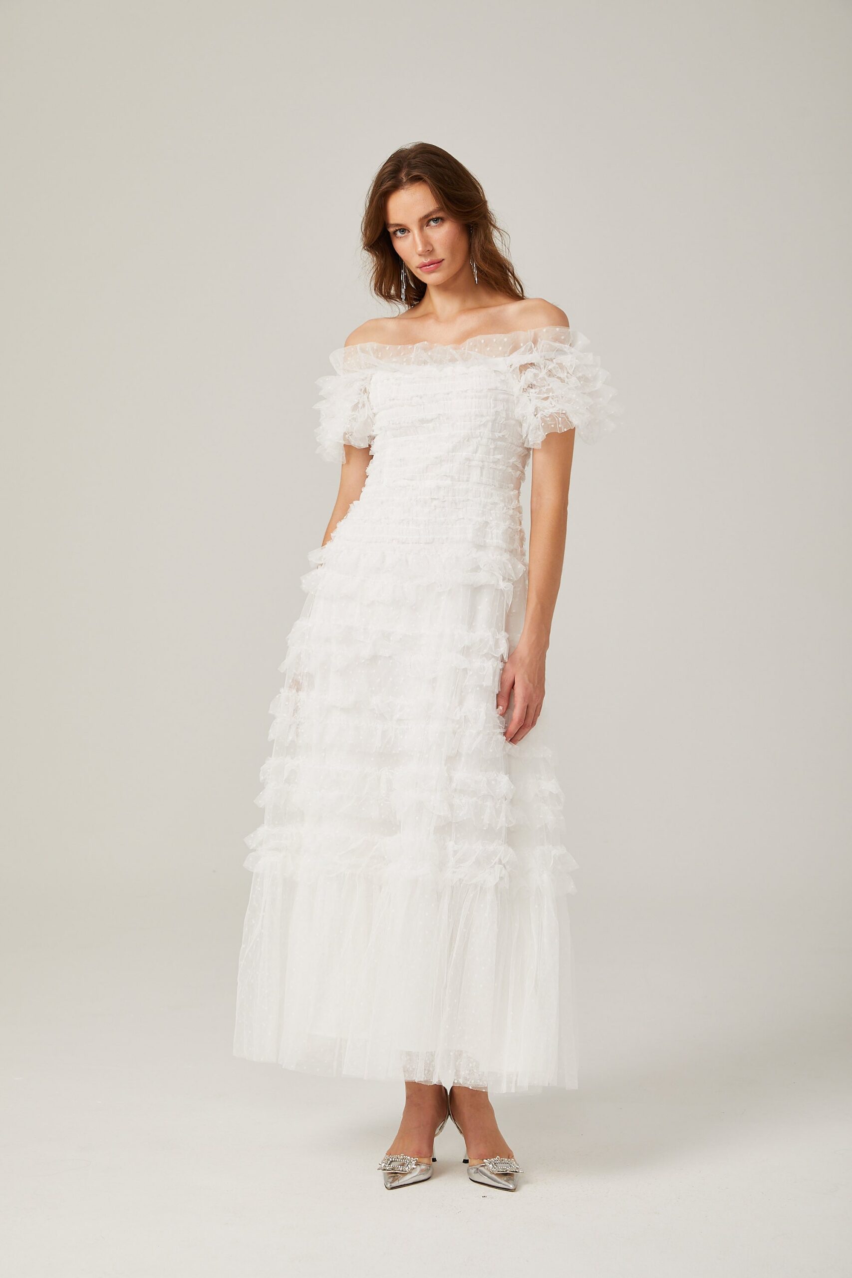 JOYCE RUFFLED TULLE TIERED STRAPLESS WHITE MIDI DRESS