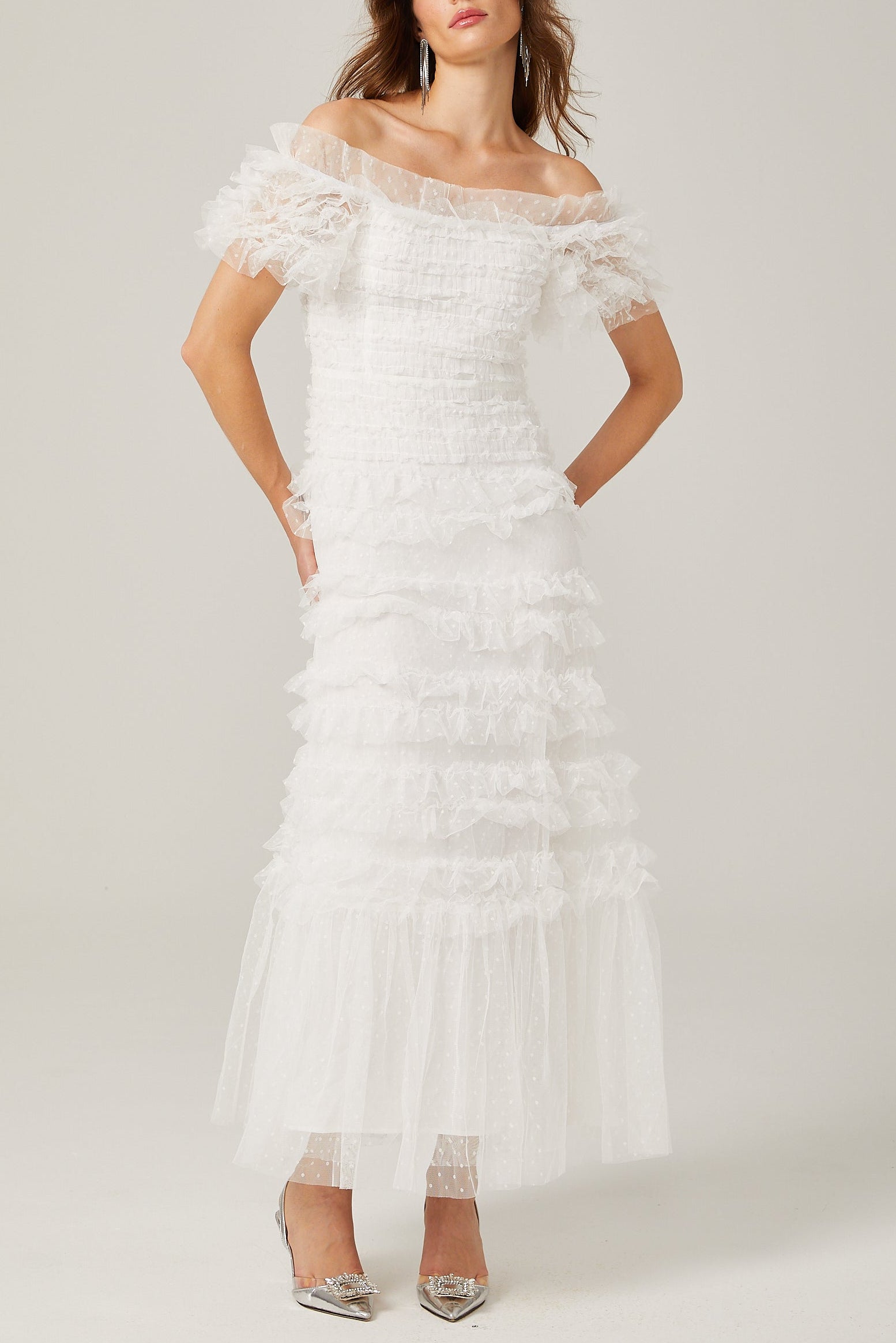 JOYCE RUFFLED TULLE TIERED STRAPLESS WHITE MIDI DRESS