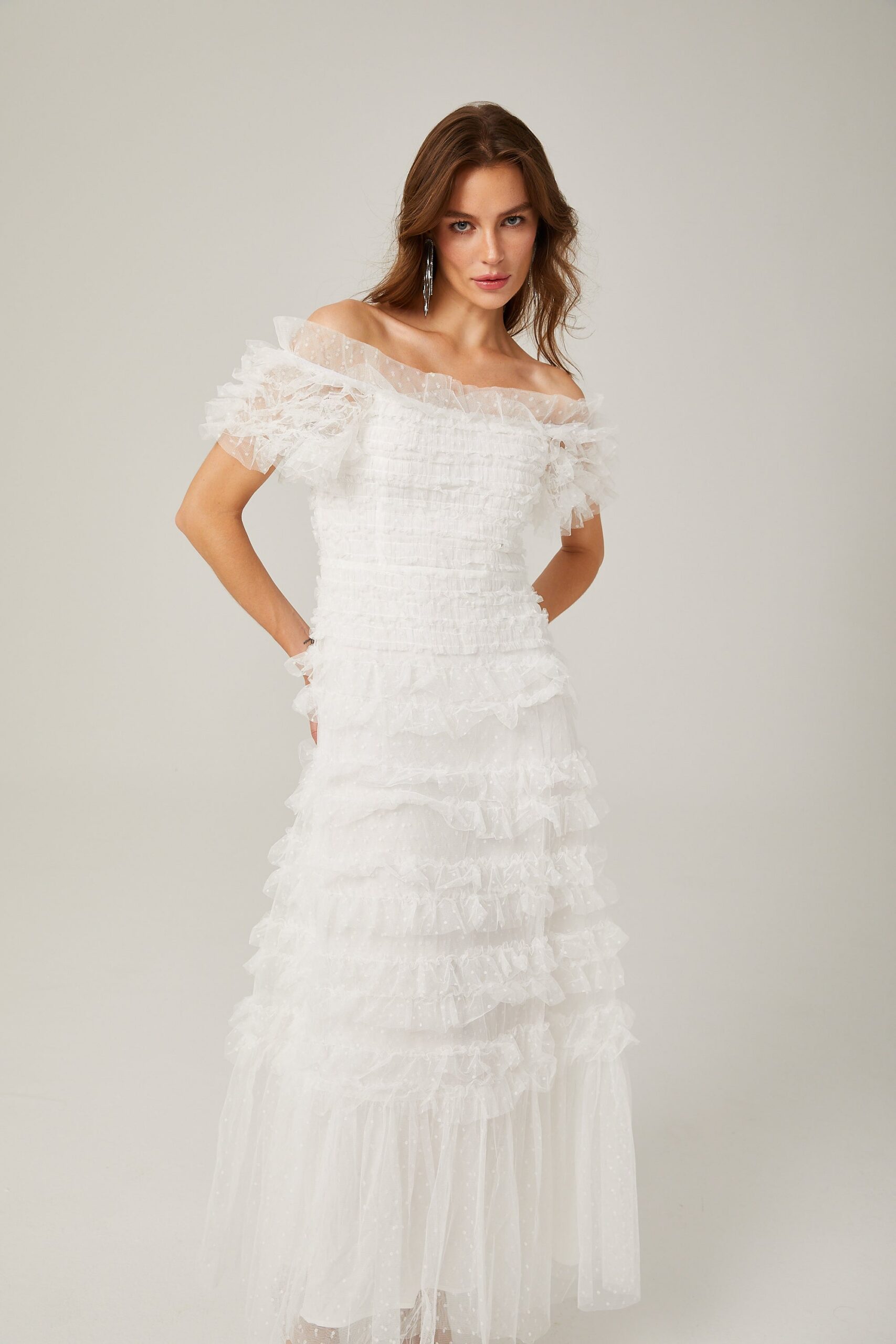 JOYCE RUFFLED TULLE TIERED STRAPLESS WHITE MIDI DRESS