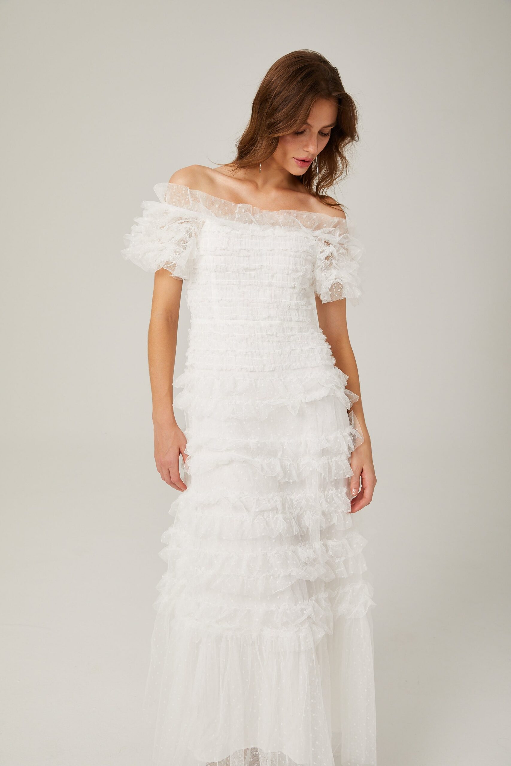 JOYCE RUFFLED TULLE TIERED STRAPLESS WHITE MIDI DRESS