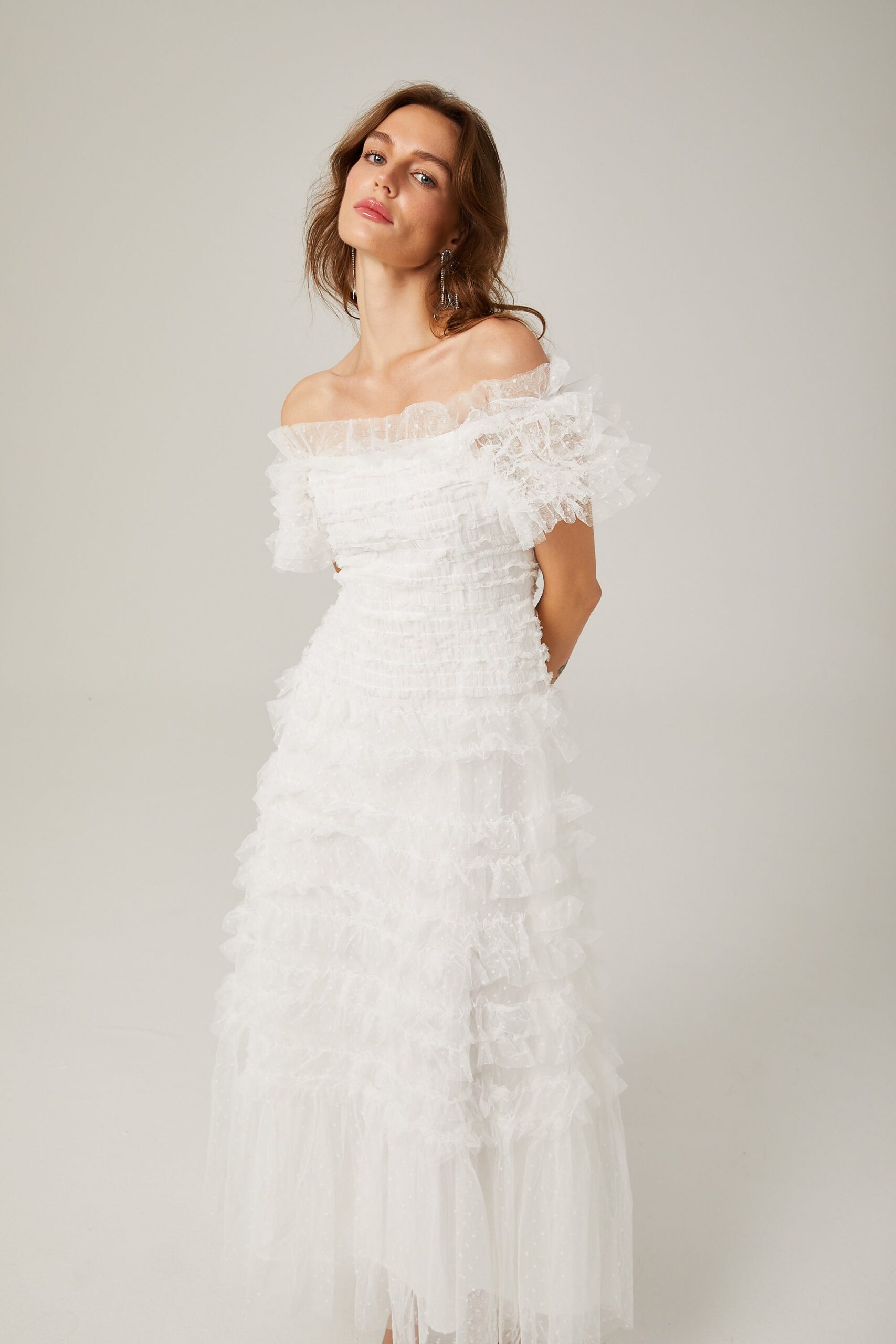 JOYCE RUFFLED TULLE TIERED STRAPLESS WHITE MIDI DRESS
