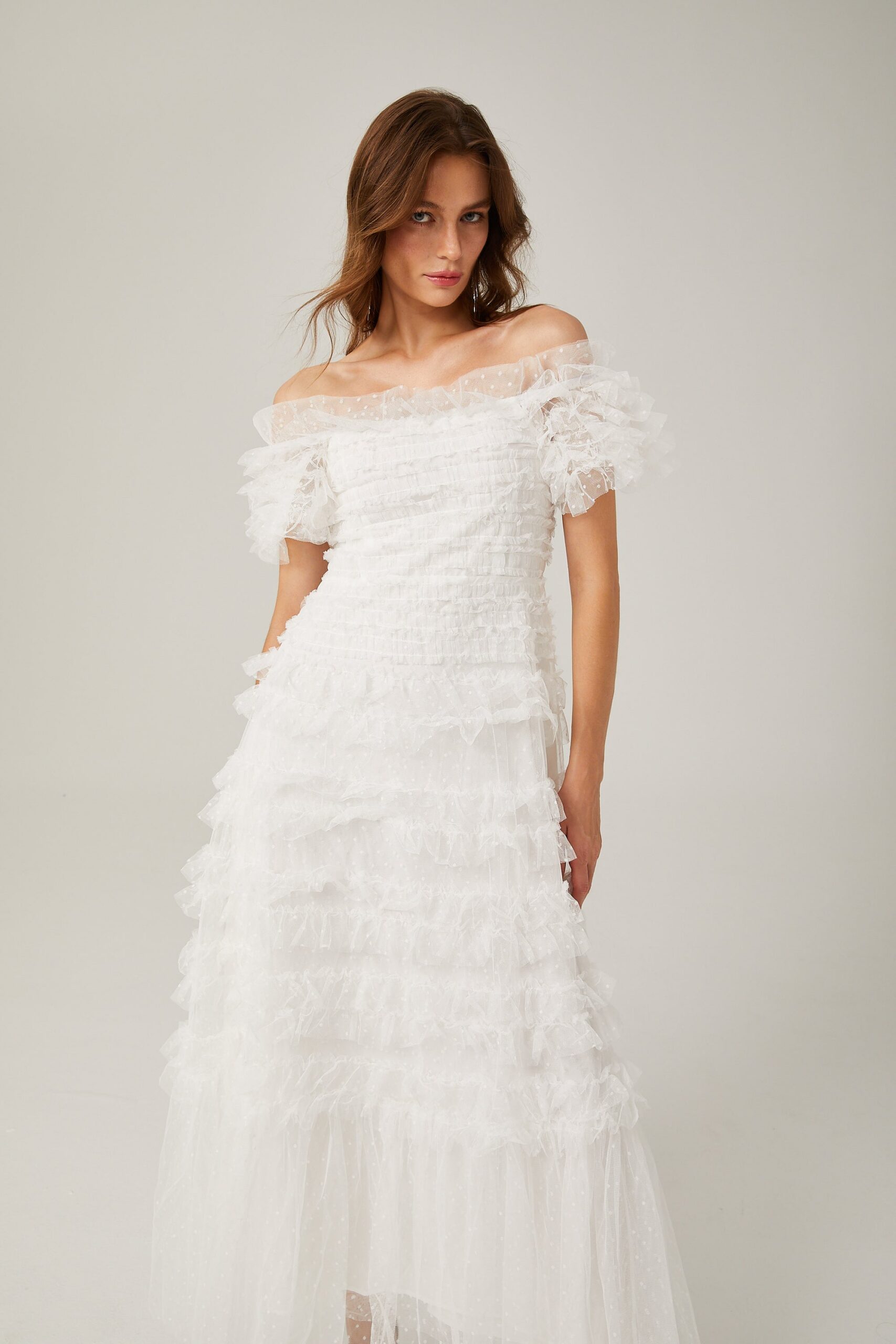 JOYCE RUFFLED TULLE TIERED STRAPLESS WHITE MIDI DRESS