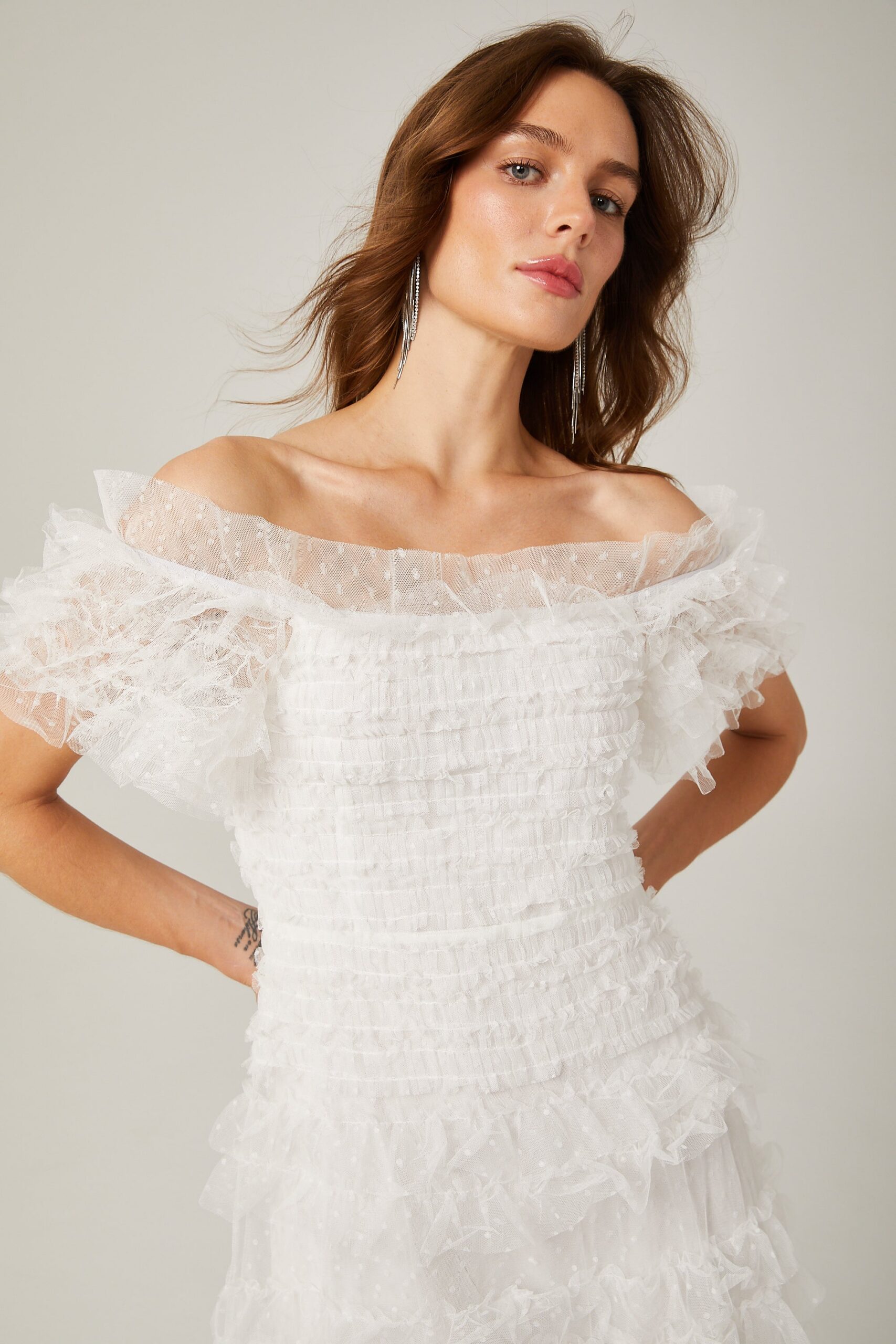 JOYCE RUFFLED TULLE TIERED STRAPLESS WHITE MIDI DRESS