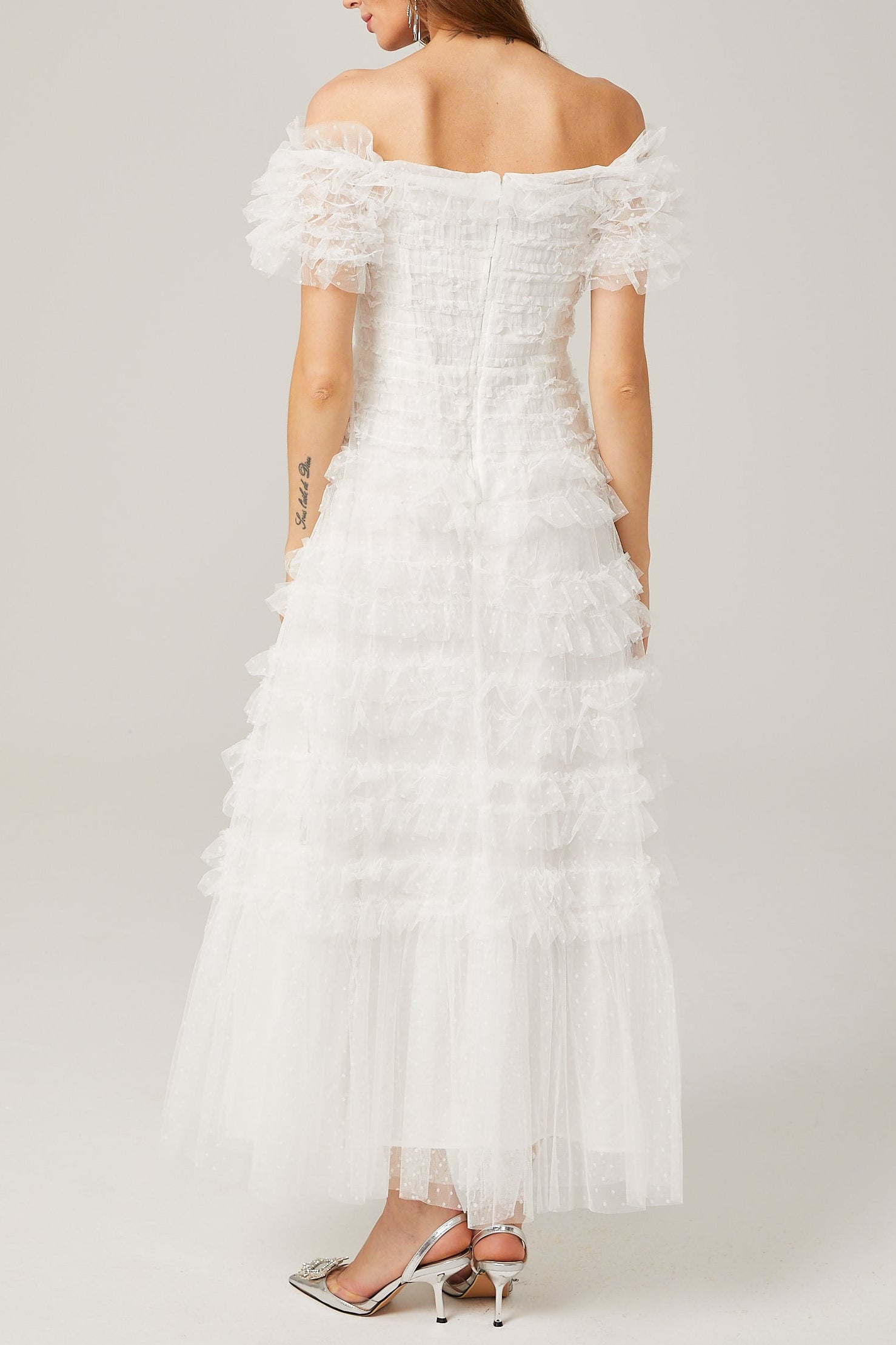 JOYCE RUFFLED TULLE TIERED STRAPLESS WHITE MIDI DRESS