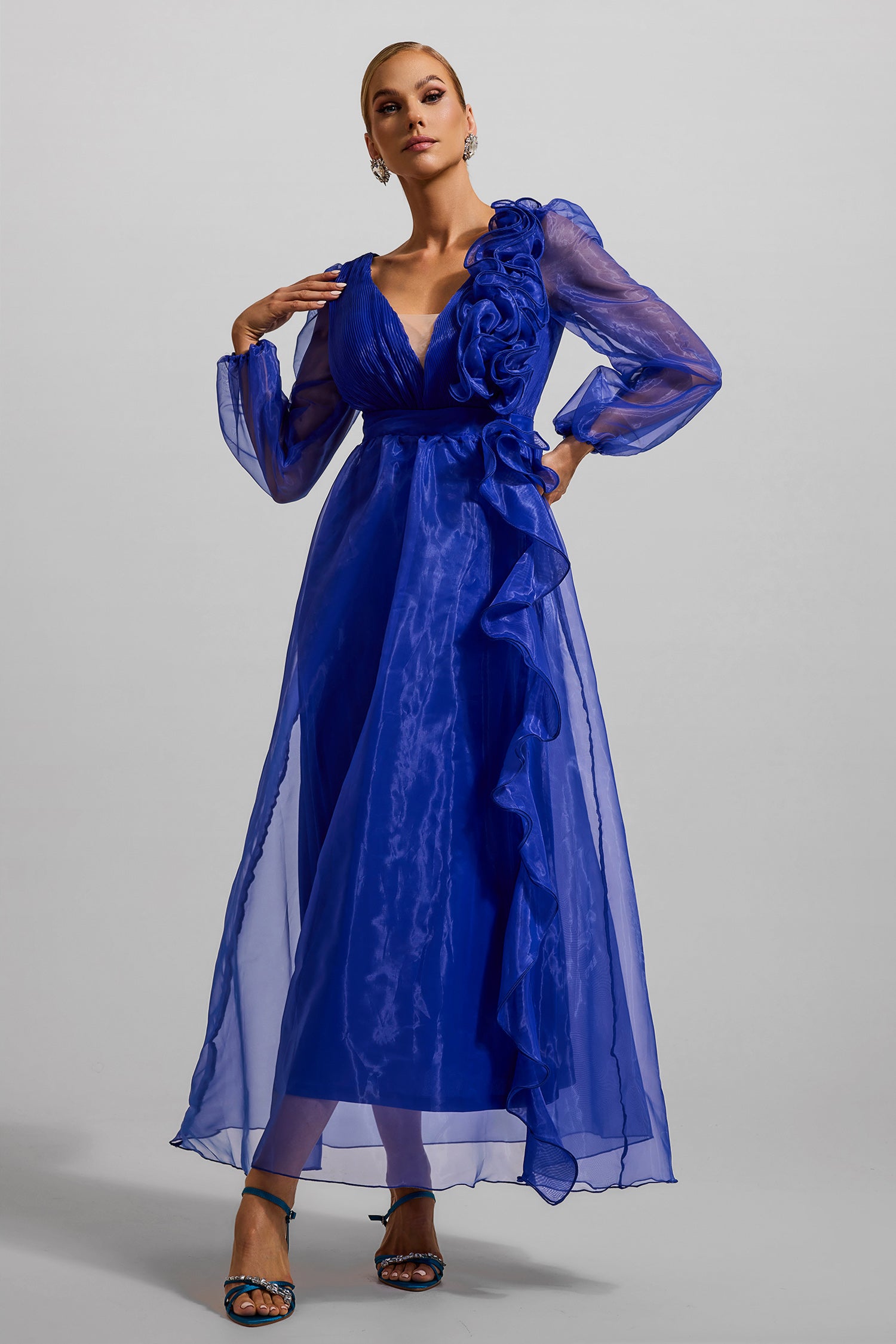 FRILL PLEAT MAXI DRESS FOR WEDDING GUEST