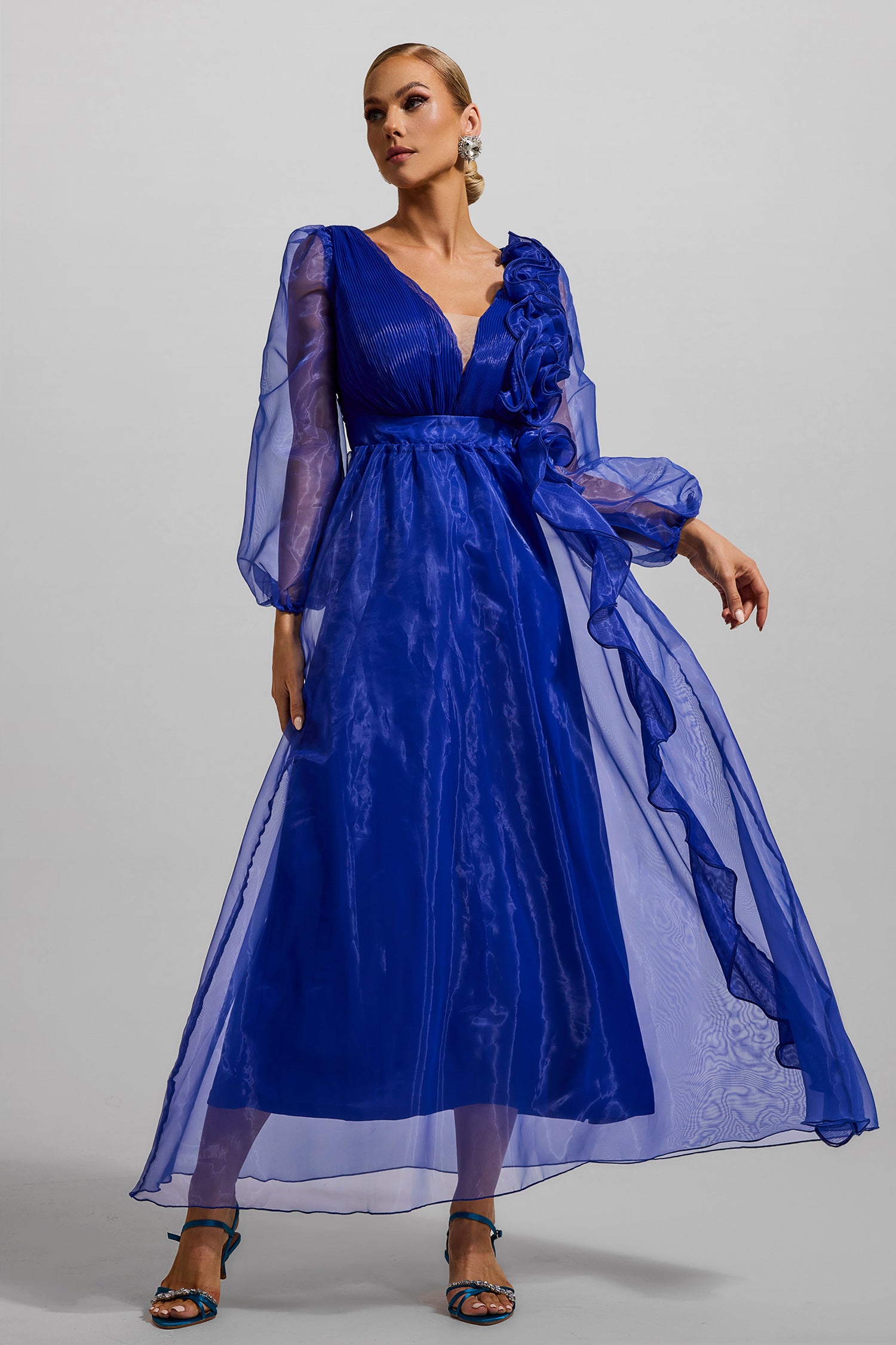FRILL PLEAT MAXI DRESS FOR WEDDING GUEST