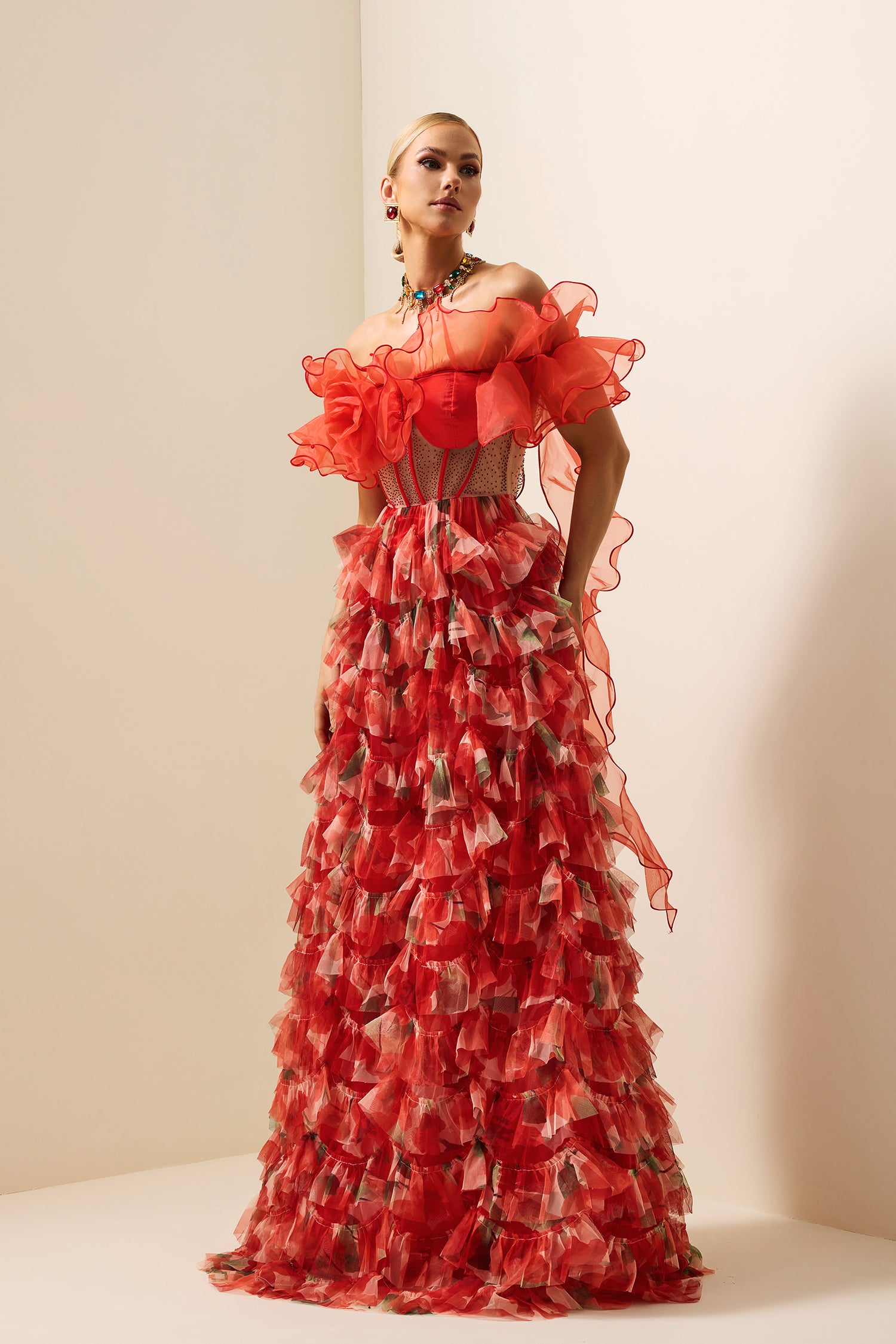 RUFFLE OFF-SHOULDER MAXI DRESS FOR WEDDING