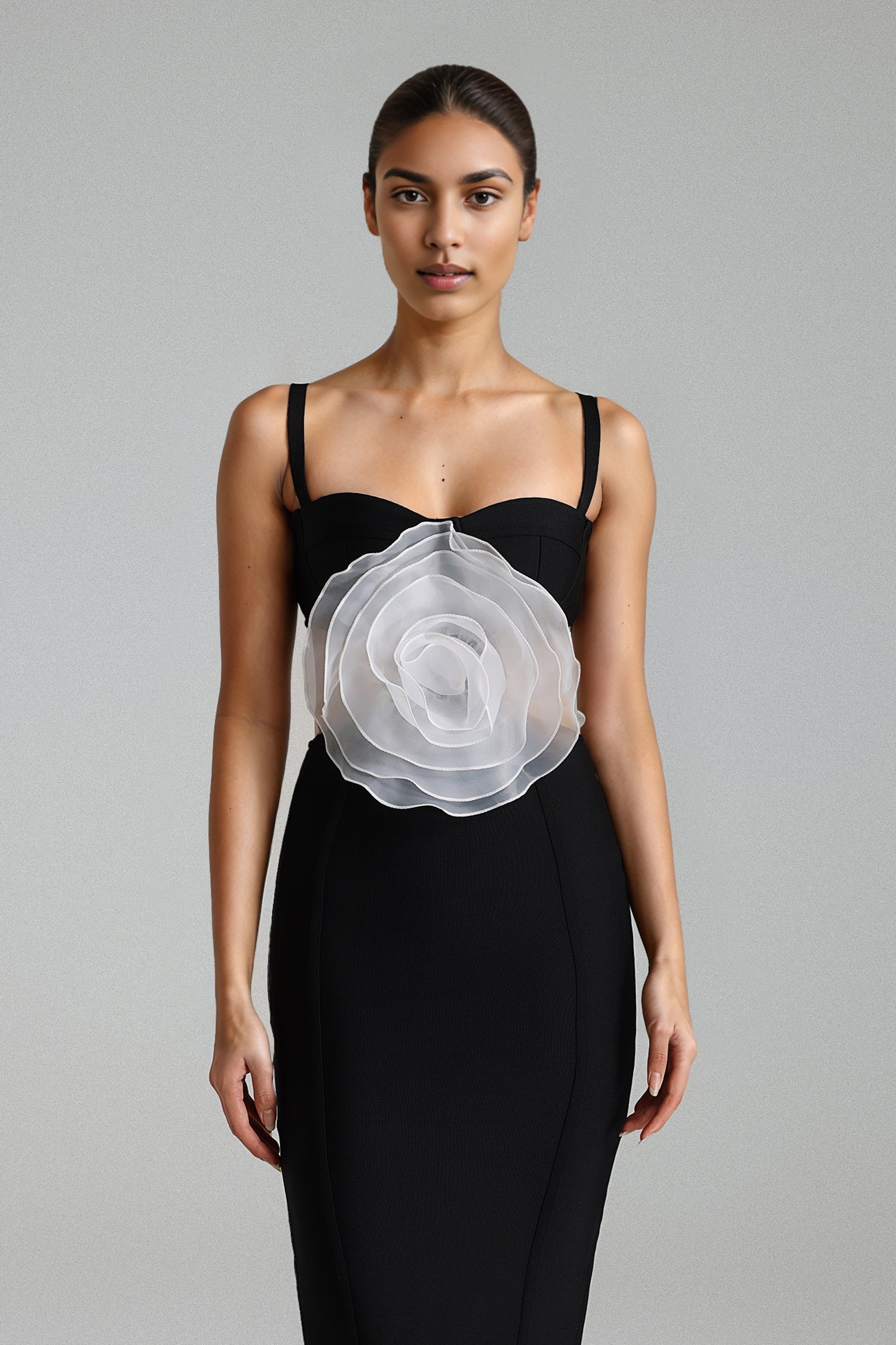 JACEY MESH FLOWER BANDAGE MIDI DRESS