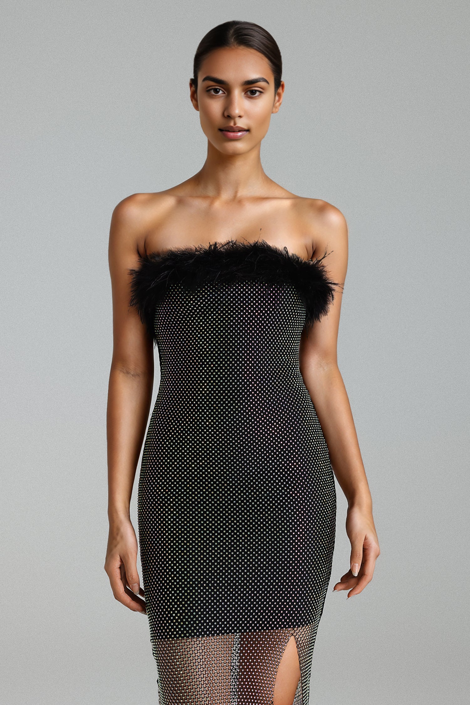 GLITTERING FEATHER MESH MIDI DRESS FOR PARTIES