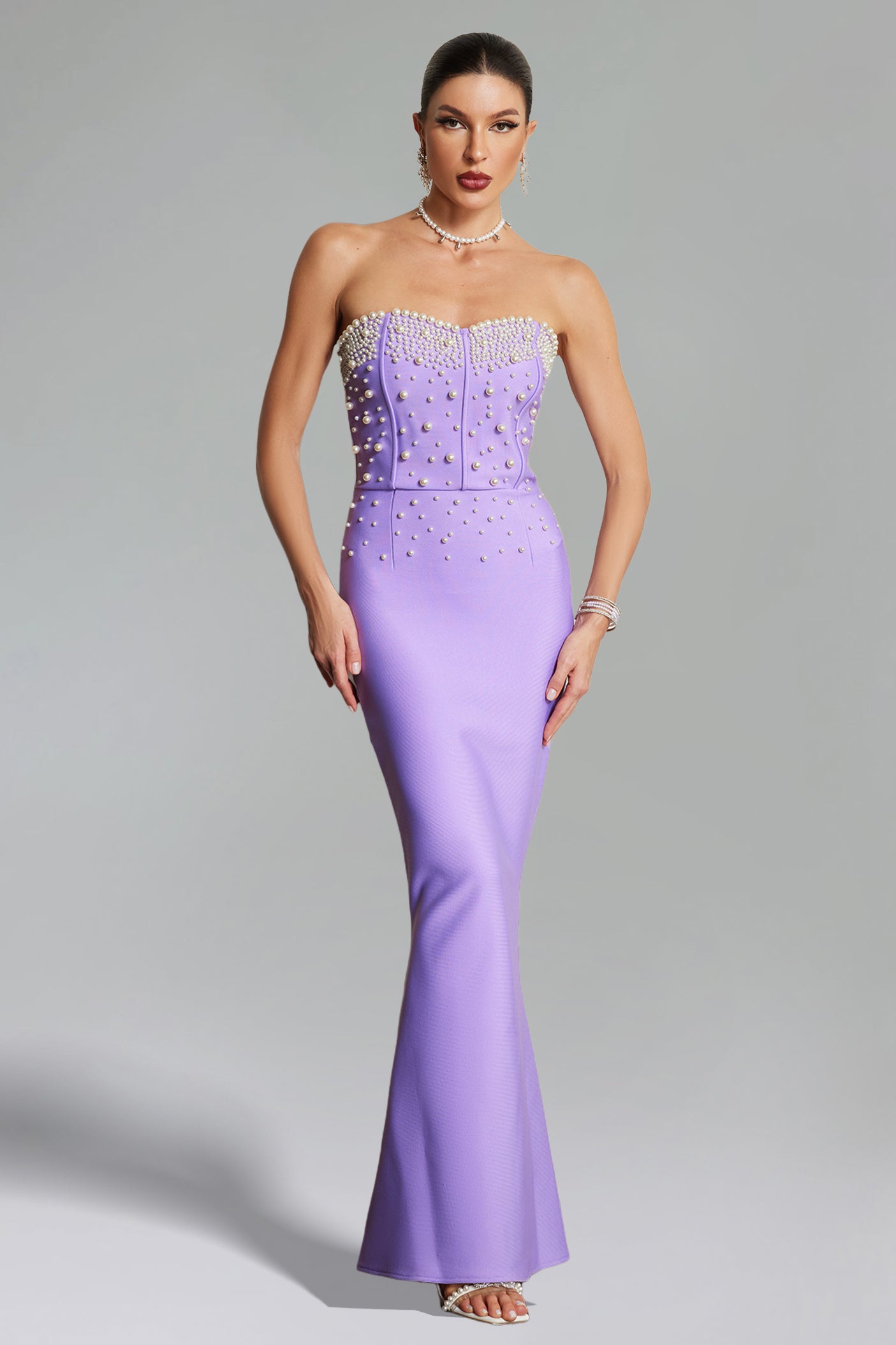 FAWN PEARLS PURPLE FISHTAIL MAXI DRESS