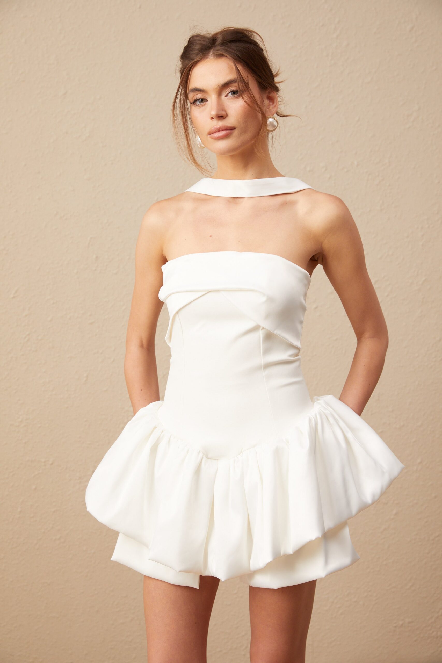 OLIVIA WHITE HALTER RUFFLED MINI DRESS