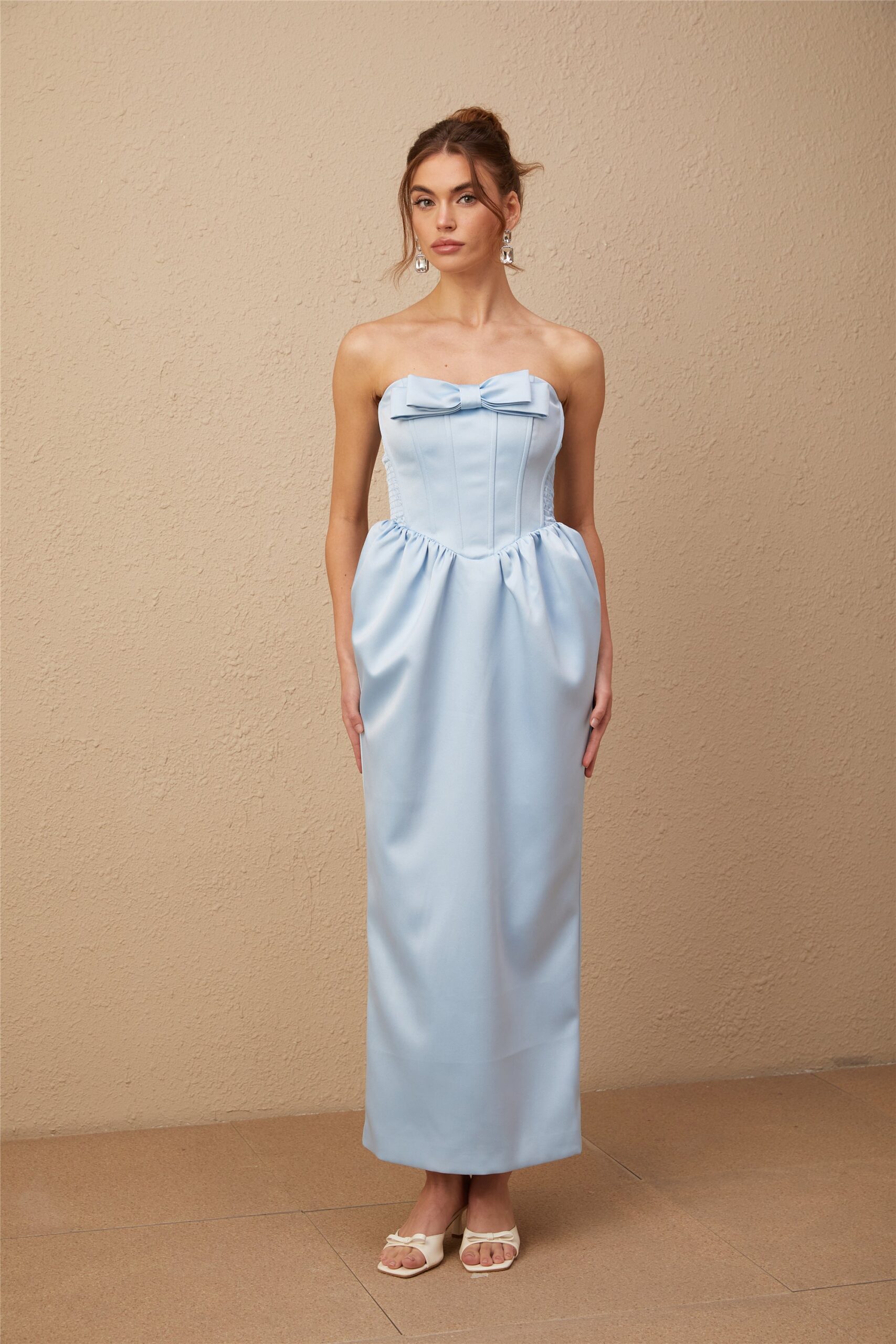 SYLVIE BLUE SATIN OFF-SHOULDER MIDI DRESS