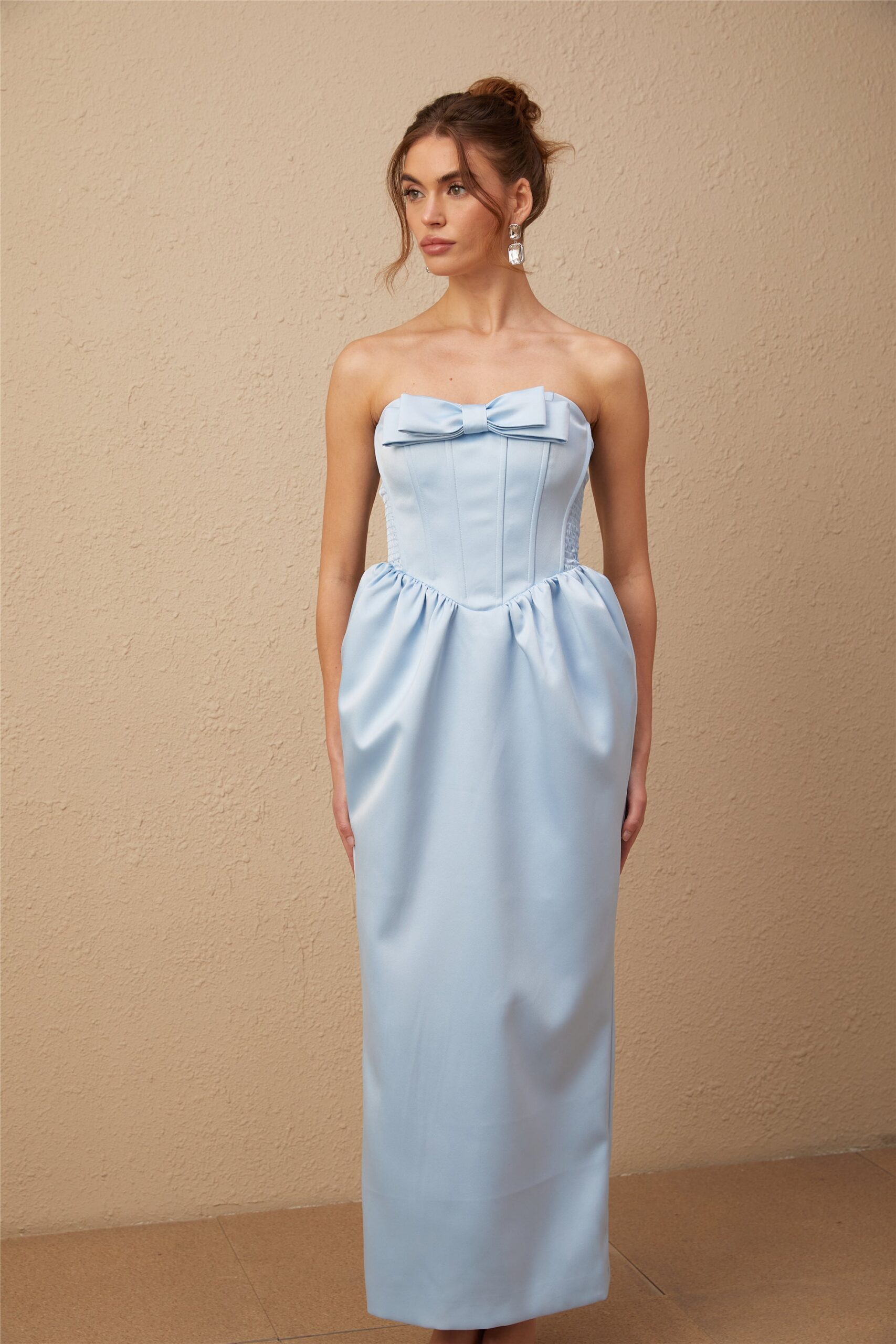 SYLVIE BLUE SATIN OFF-SHOULDER MIDI DRESS