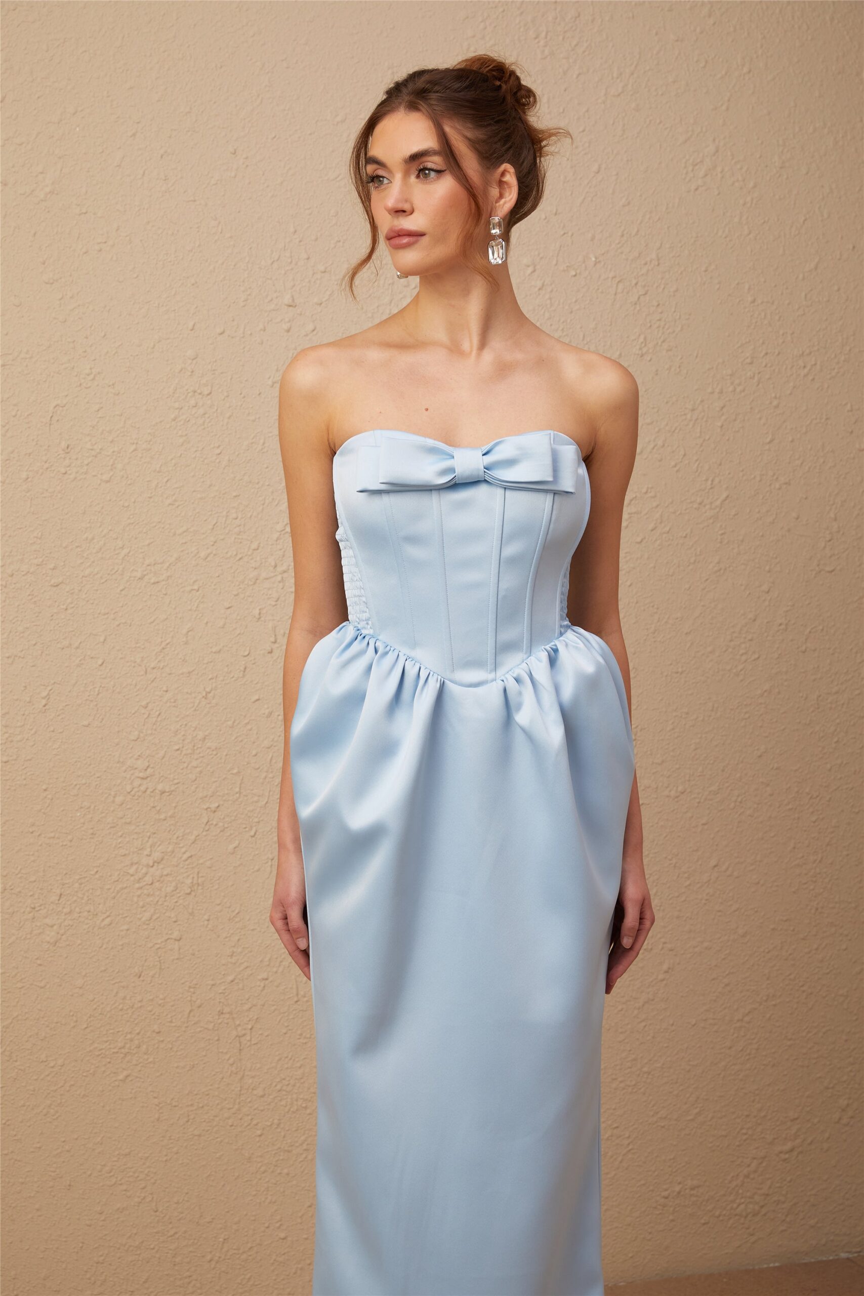 SYLVIE BLUE SATIN OFF-SHOULDER MIDI DRESS
