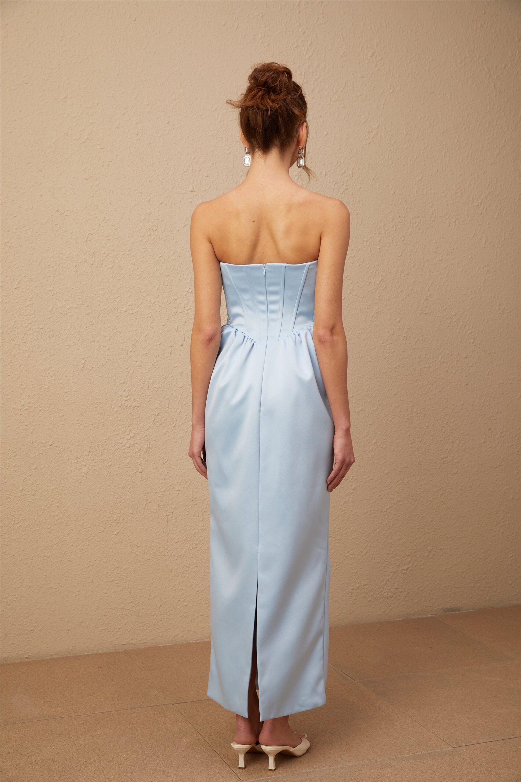 SYLVIE BLUE SATIN OFF-SHOULDER MIDI DRESS