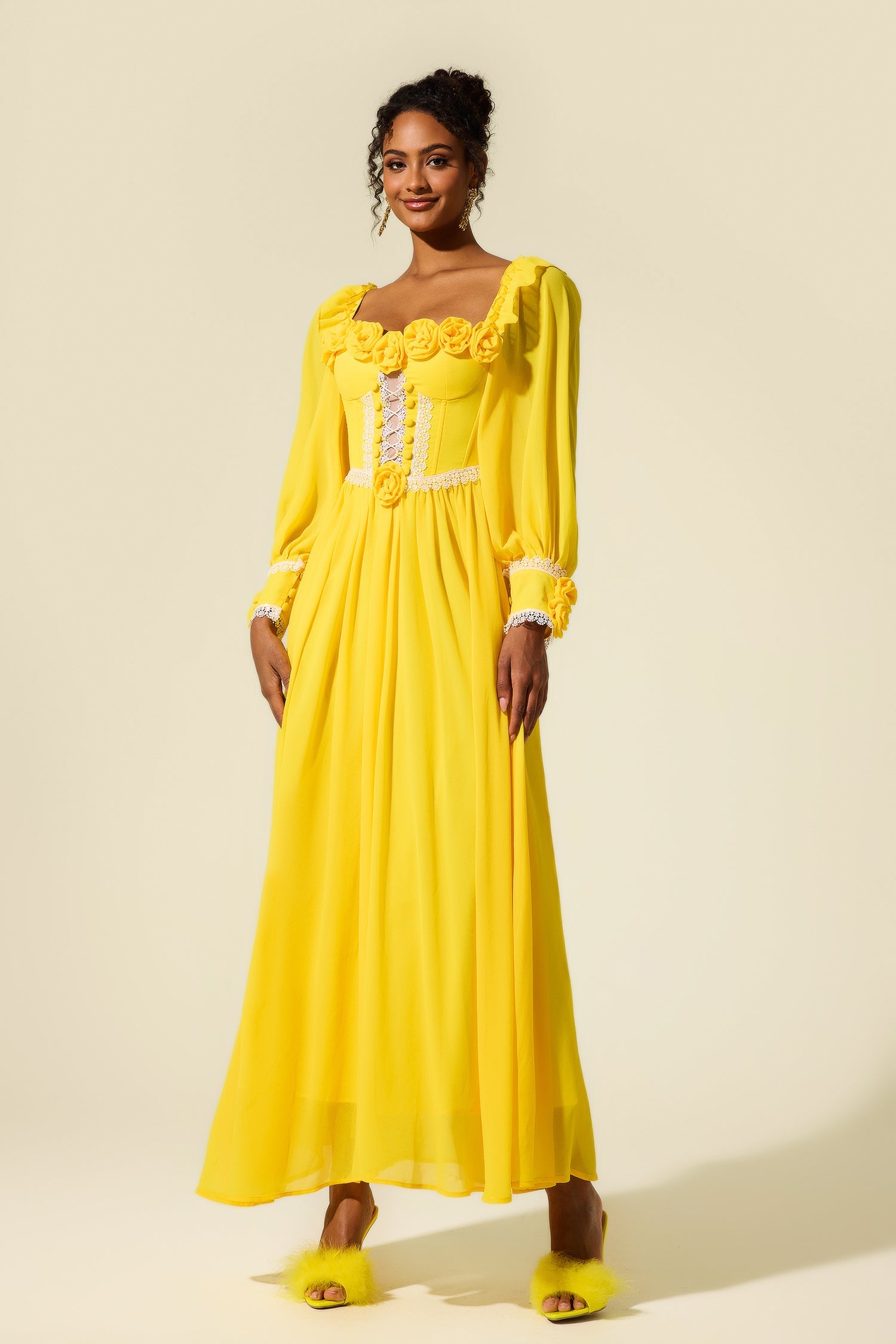 YELLOW CHIFFON 3D FLOWER MIDI DRESS FOR WEDDING GUEST