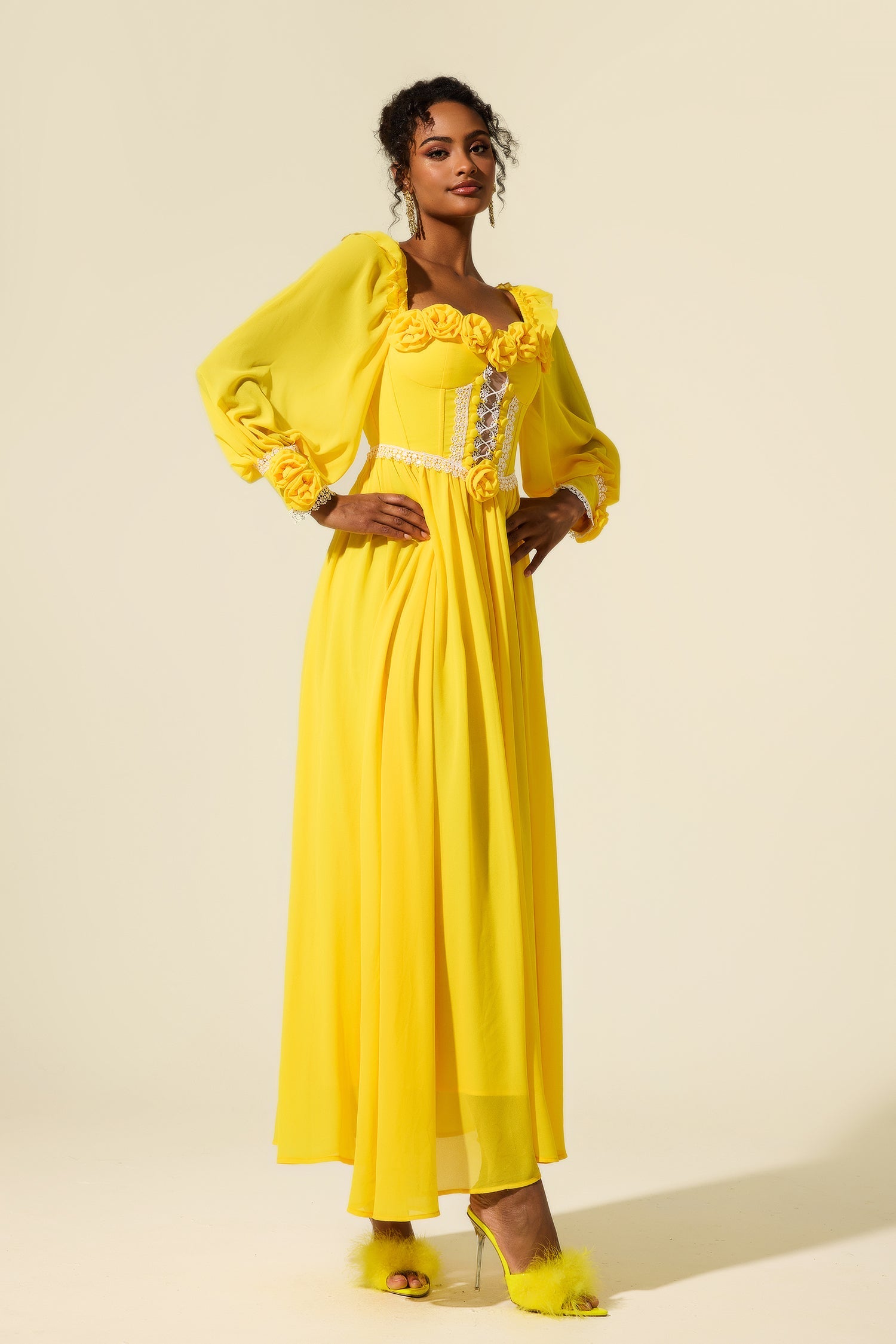 YELLOW CHIFFON 3D FLOWER MIDI DRESS FOR WEDDING GUEST