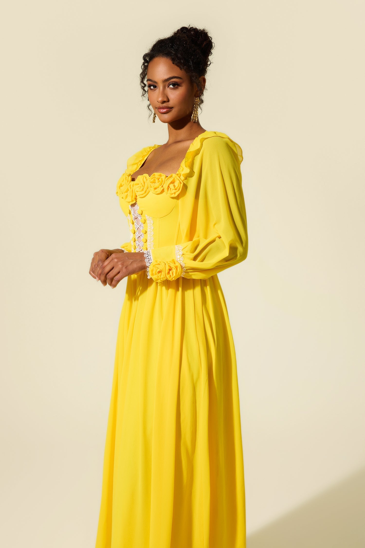 YELLOW CHIFFON 3D FLOWER MIDI DRESS FOR WEDDING GUEST