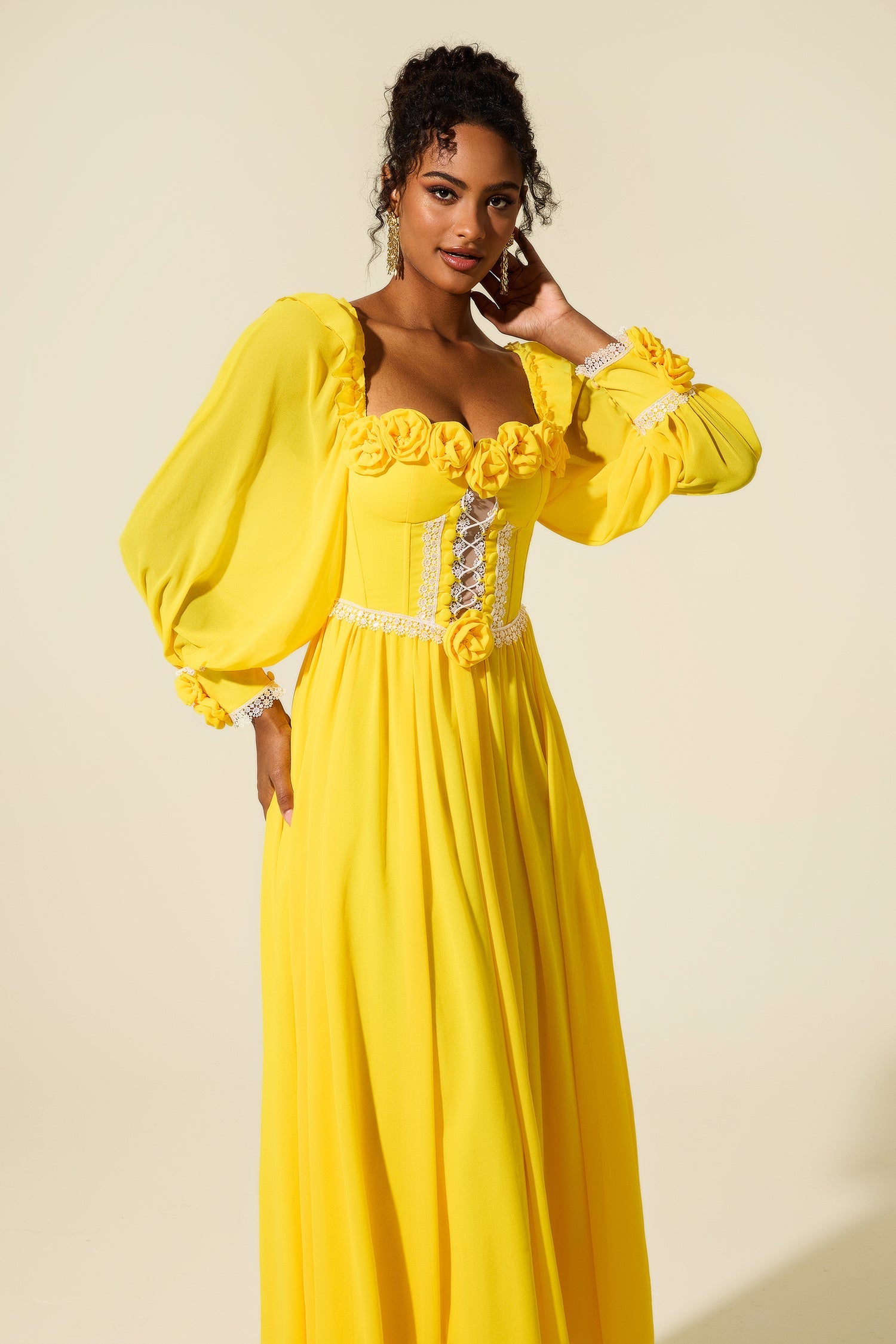 YELLOW CHIFFON 3D FLOWER MIDI DRESS FOR WEDDING GUEST