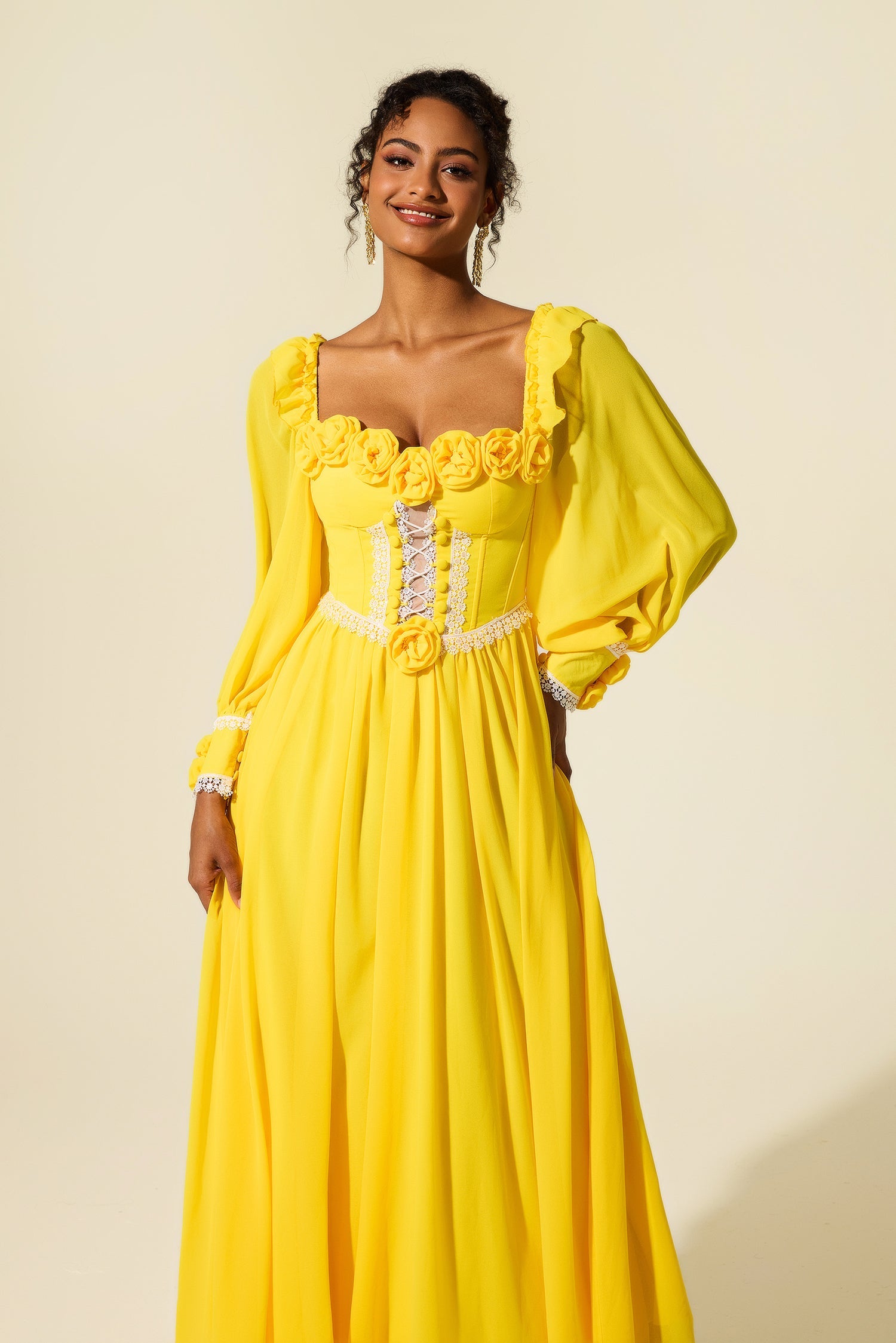 YELLOW CHIFFON 3D FLOWER MIDI DRESS FOR WEDDING GUEST