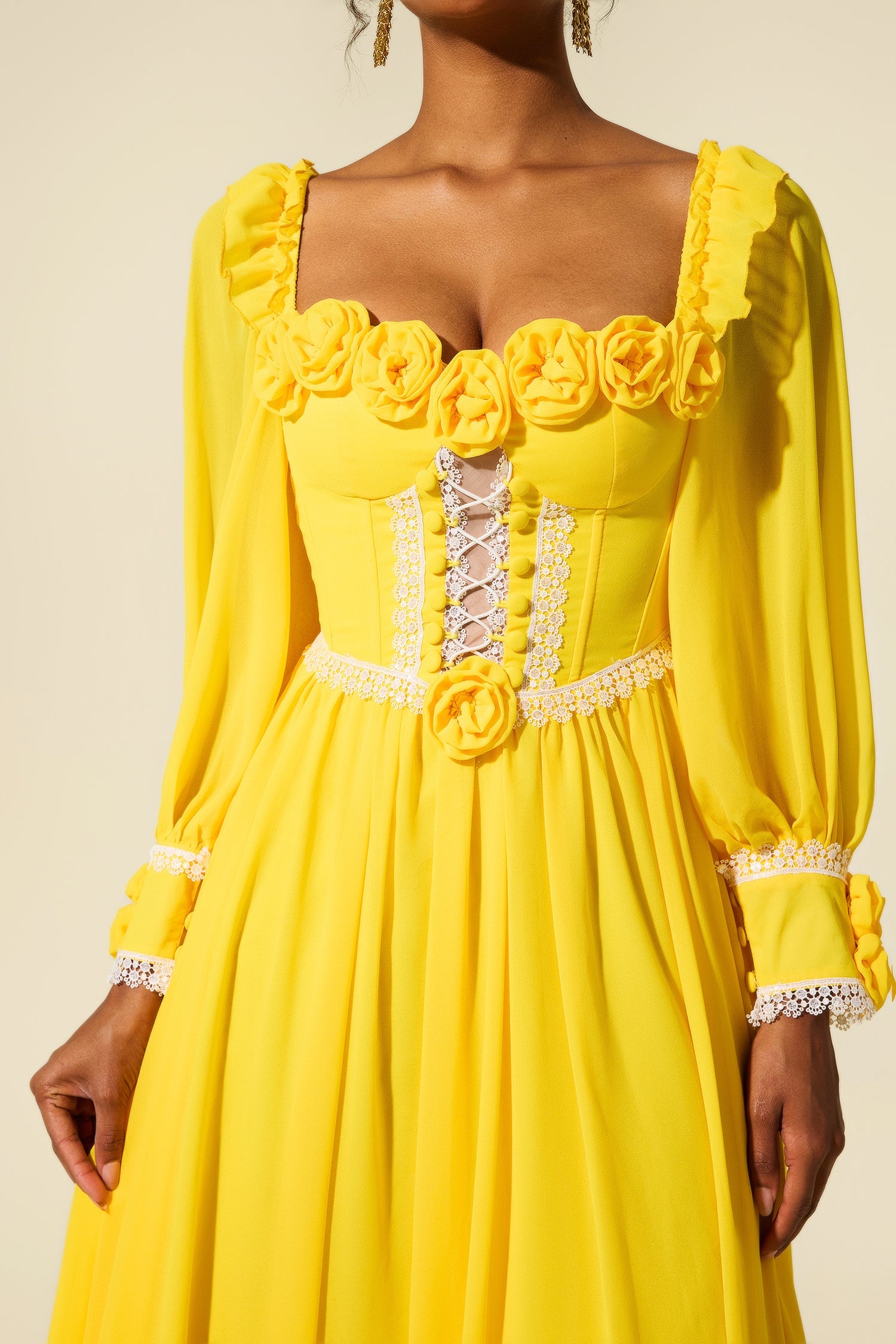 YELLOW CHIFFON 3D FLOWER MIDI DRESS FOR WEDDING GUEST